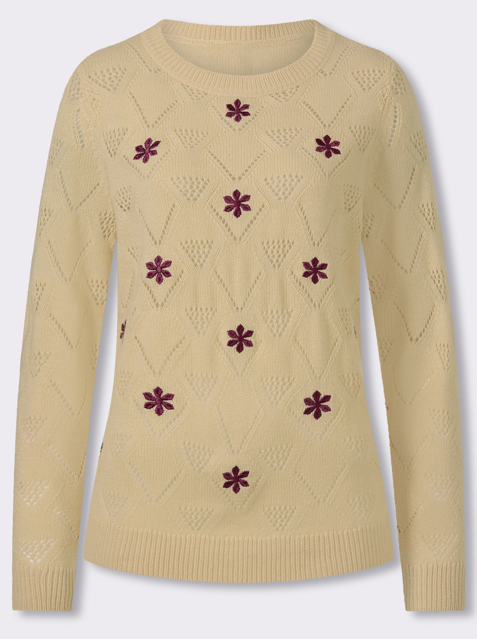 Ajourpullover mit Blumenstickerei - sand-bordeaux-gemustert