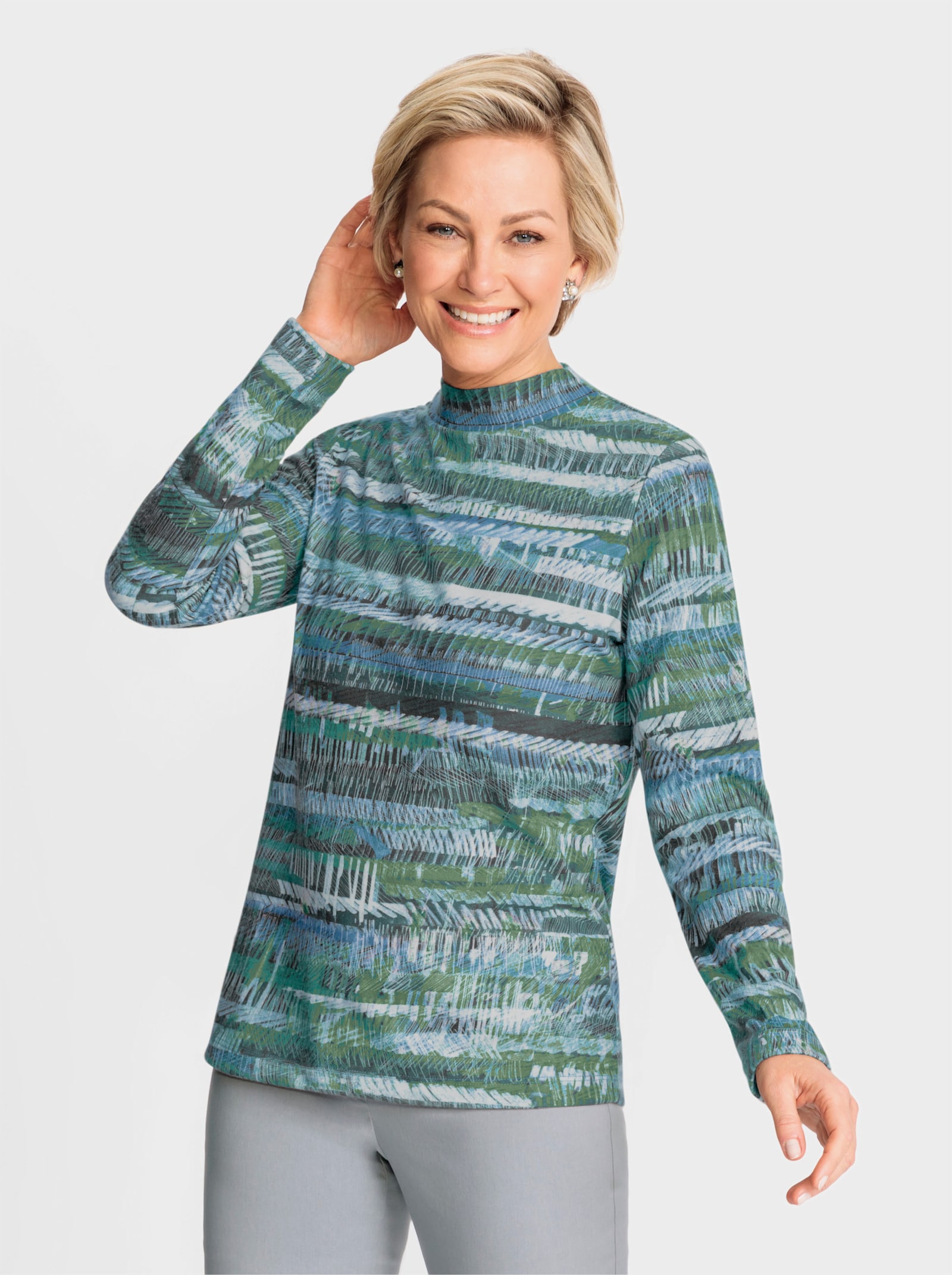 Stehkragenshirt in angerauter Qualität - jade-ecru-bedruckt