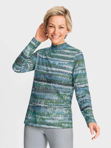 Stehkragenshirt in angerauter Qualität - jade-ecru-bedruckt