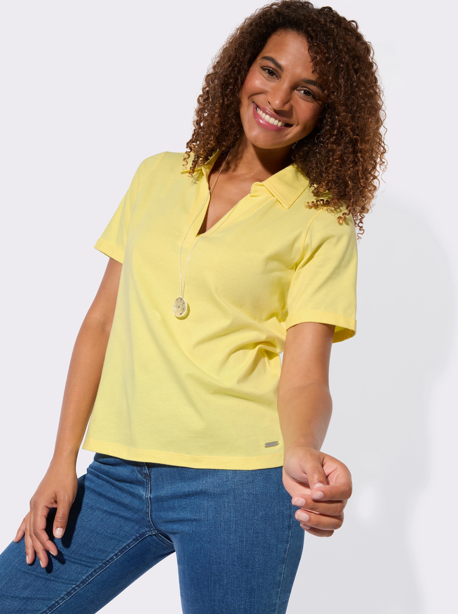 Kurzarmshirt mit Polokragen - zitrone