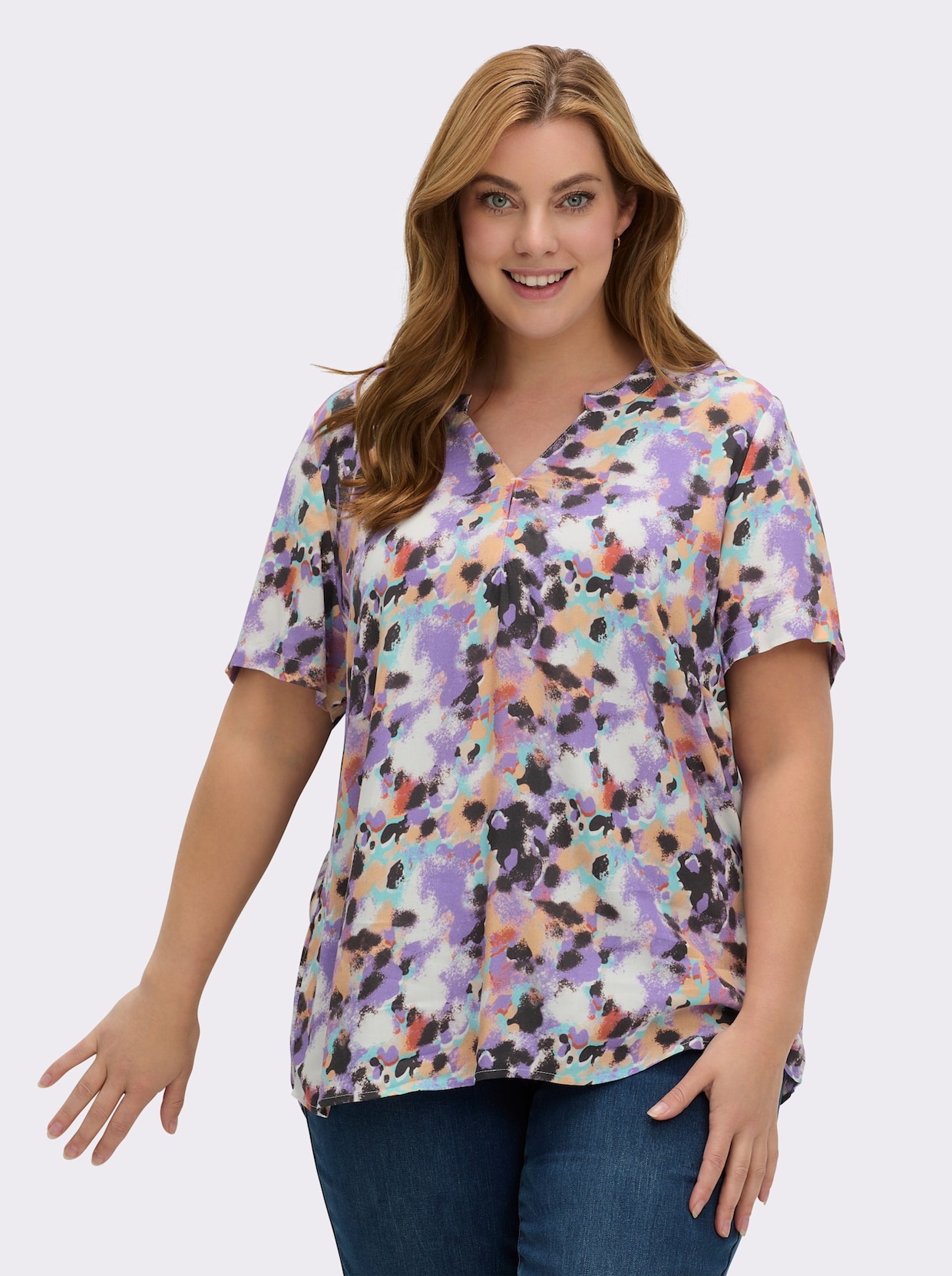 Druckbluse - apricot-lavendel-bedruckt