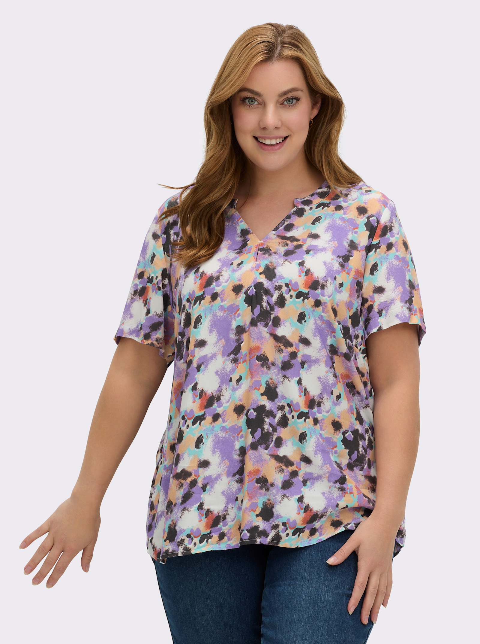 Druckbluse in gewebter Qualität - apricot-lavendel-bedruckt