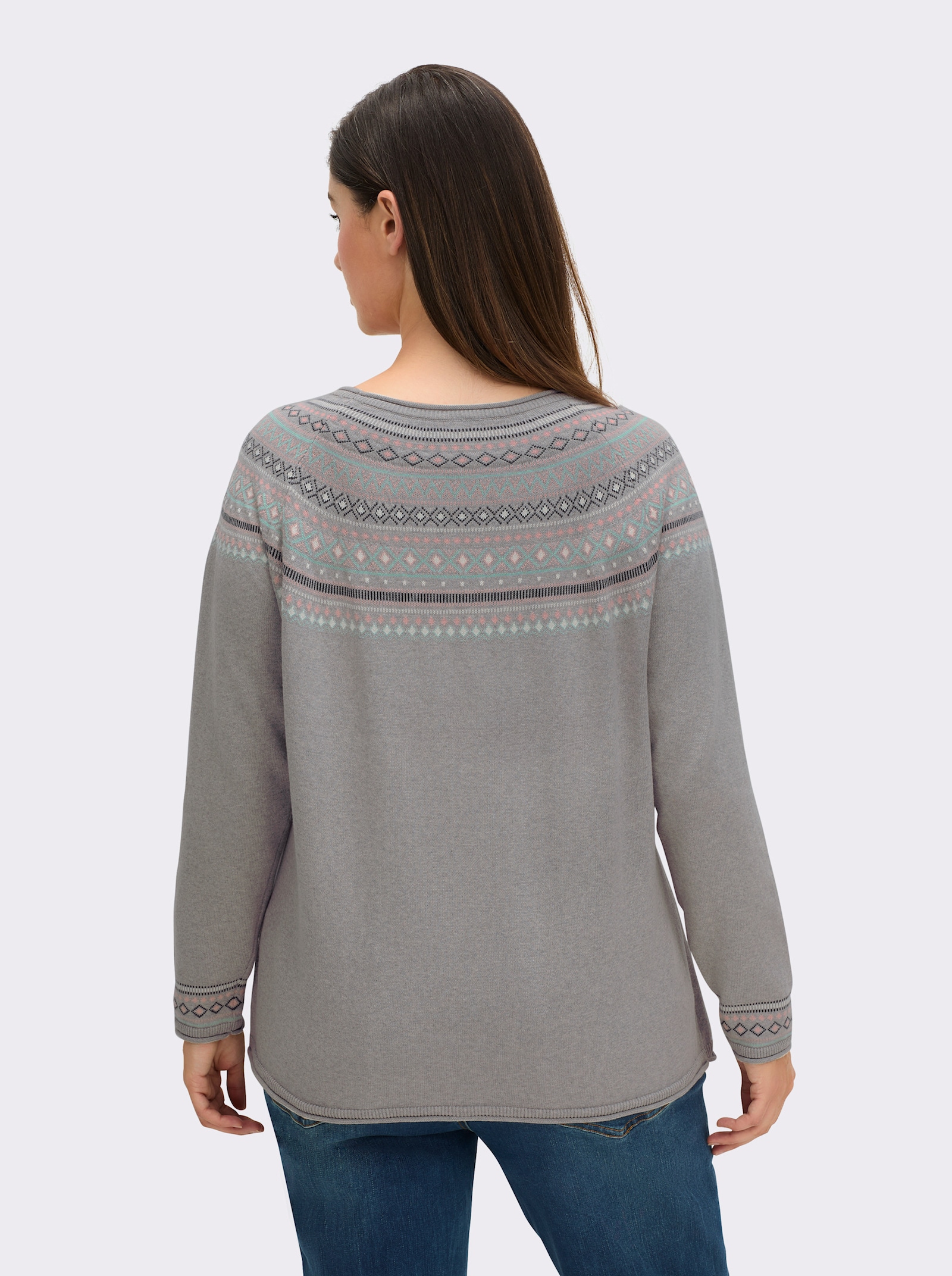 Norwegerpullover aus reiner Baumwolle - grau-meliert-gemustert