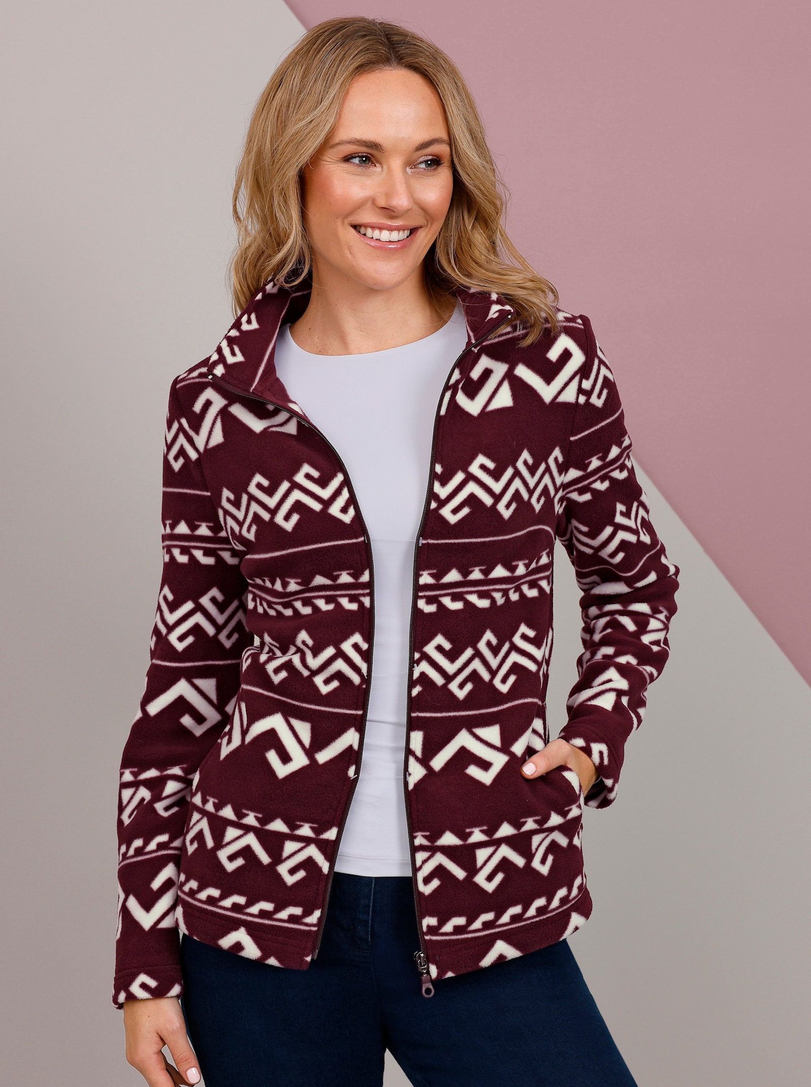 Fleecejacke allover bedruckt - burgund-ecru-bedruckt