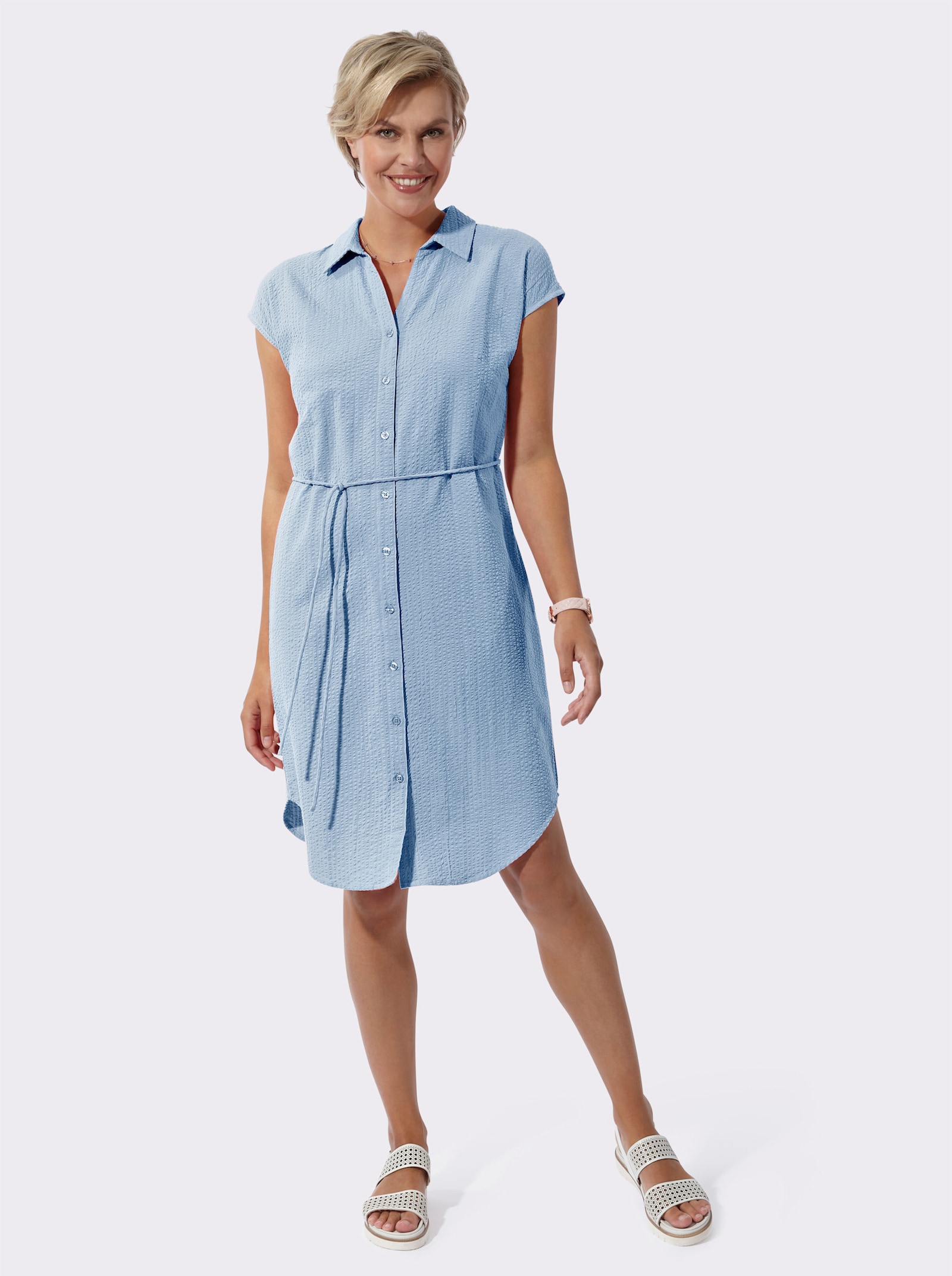 Hemdblusenkleid mit Bindegürtel - eisblau
