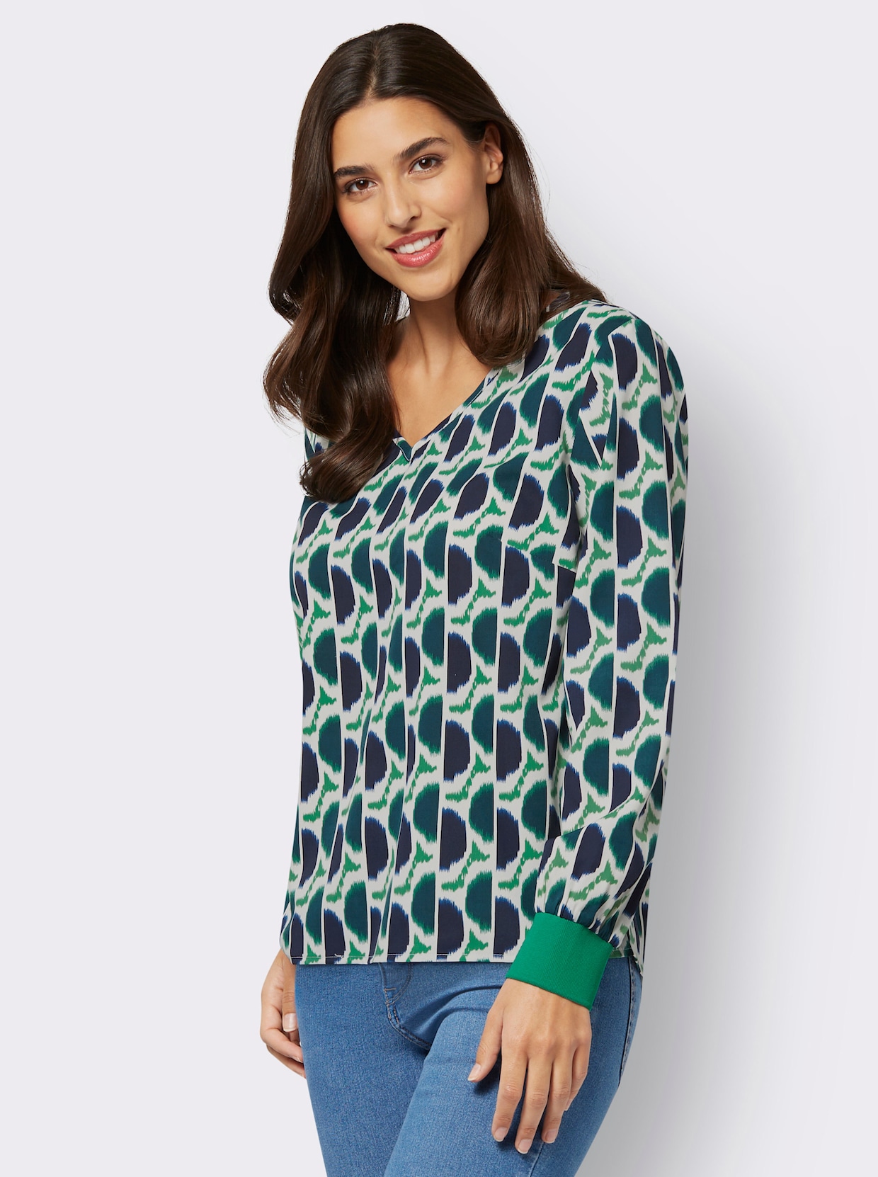 Comfortabele blouse - smaragdgroen/marine/bedrukt