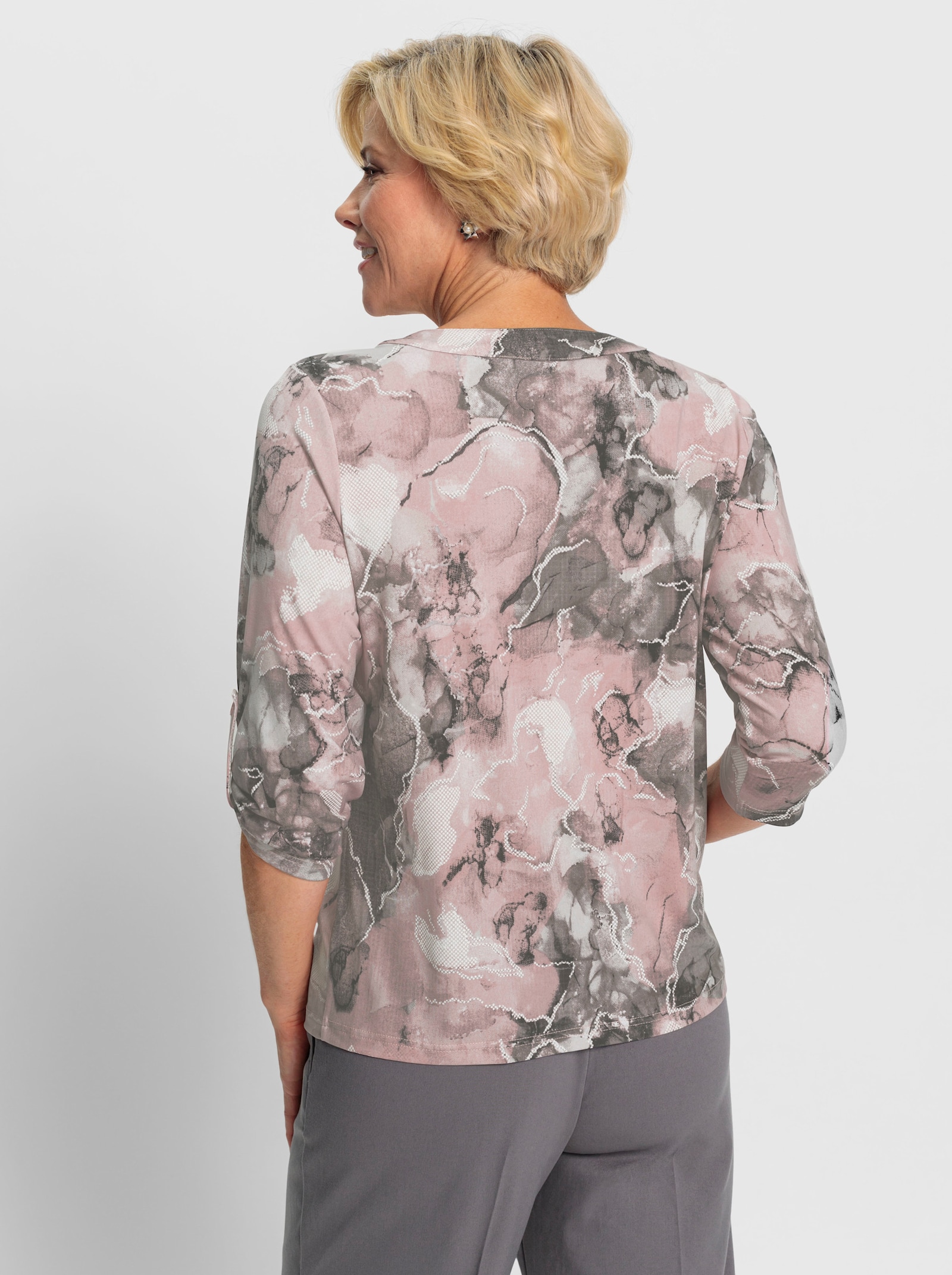 Jerseyblouse met mouwpatten - roze/steengrijs bedrukt