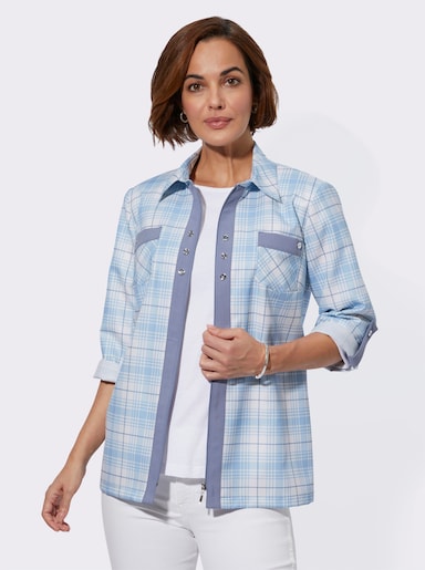 Blusenjacke mit kontrastfarbigen Blenden - eisblau-taubenblau-kariert