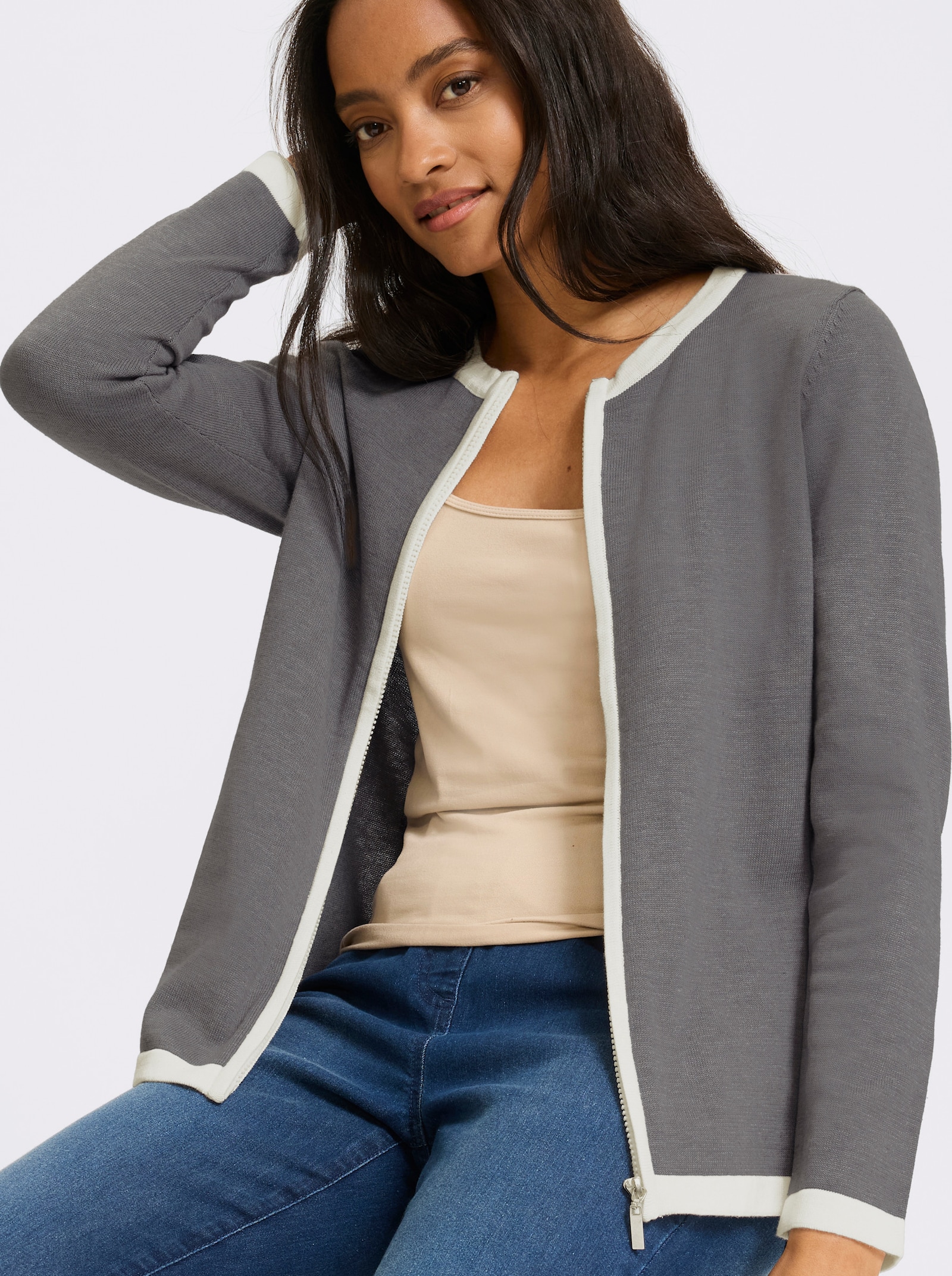 heine Fijn gebreid vest met ritssluiting - grijs gemêleerd