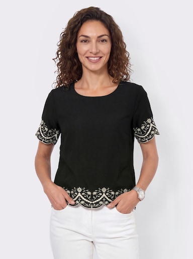 Kurzarm-Bluse mit floraler Stickerei - schwarz-champagner-gemustert