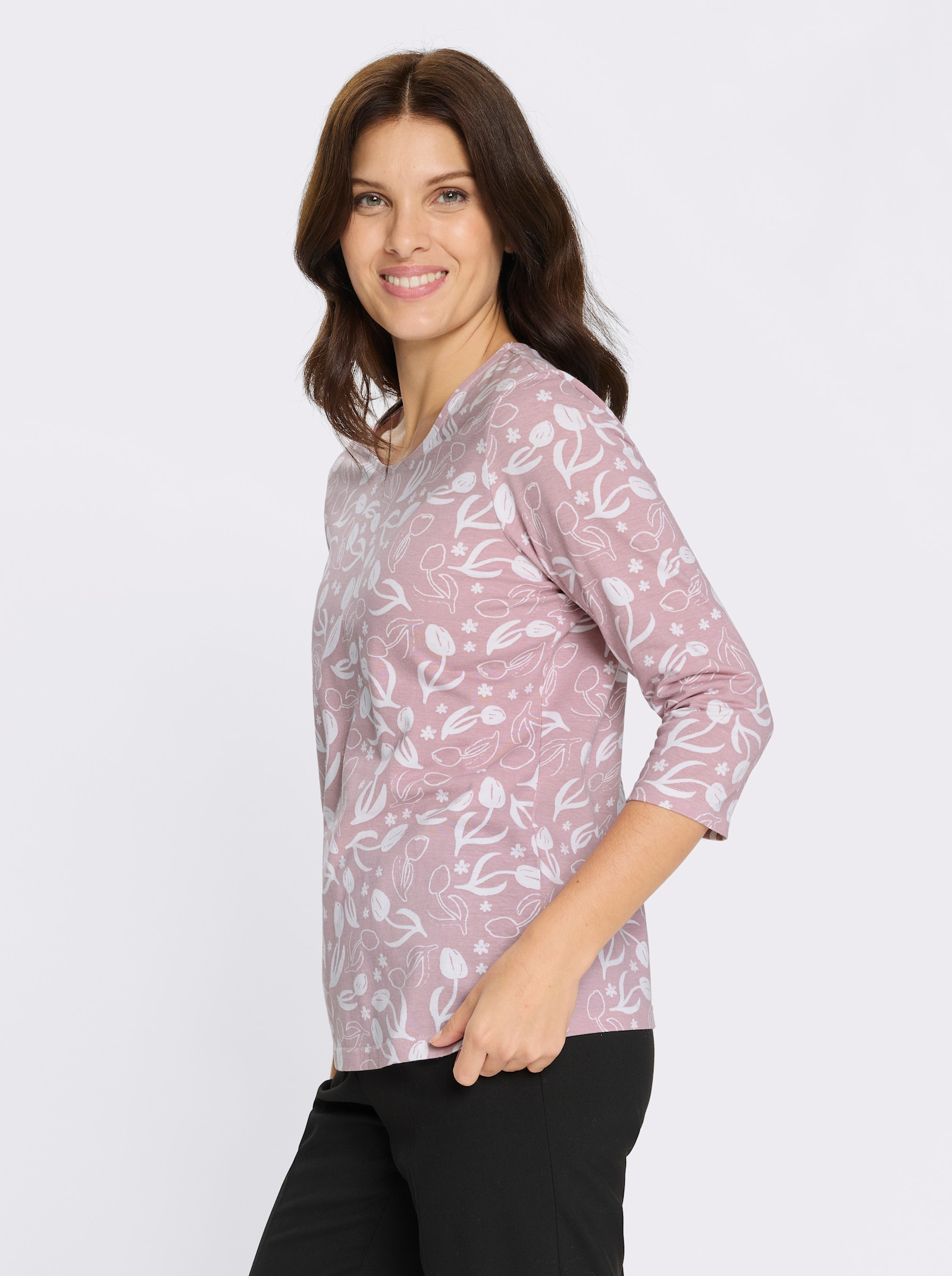 3/4-Arm-Shirt mit floralem Druck, Baumwolle - rosé-weiß-bedruckt