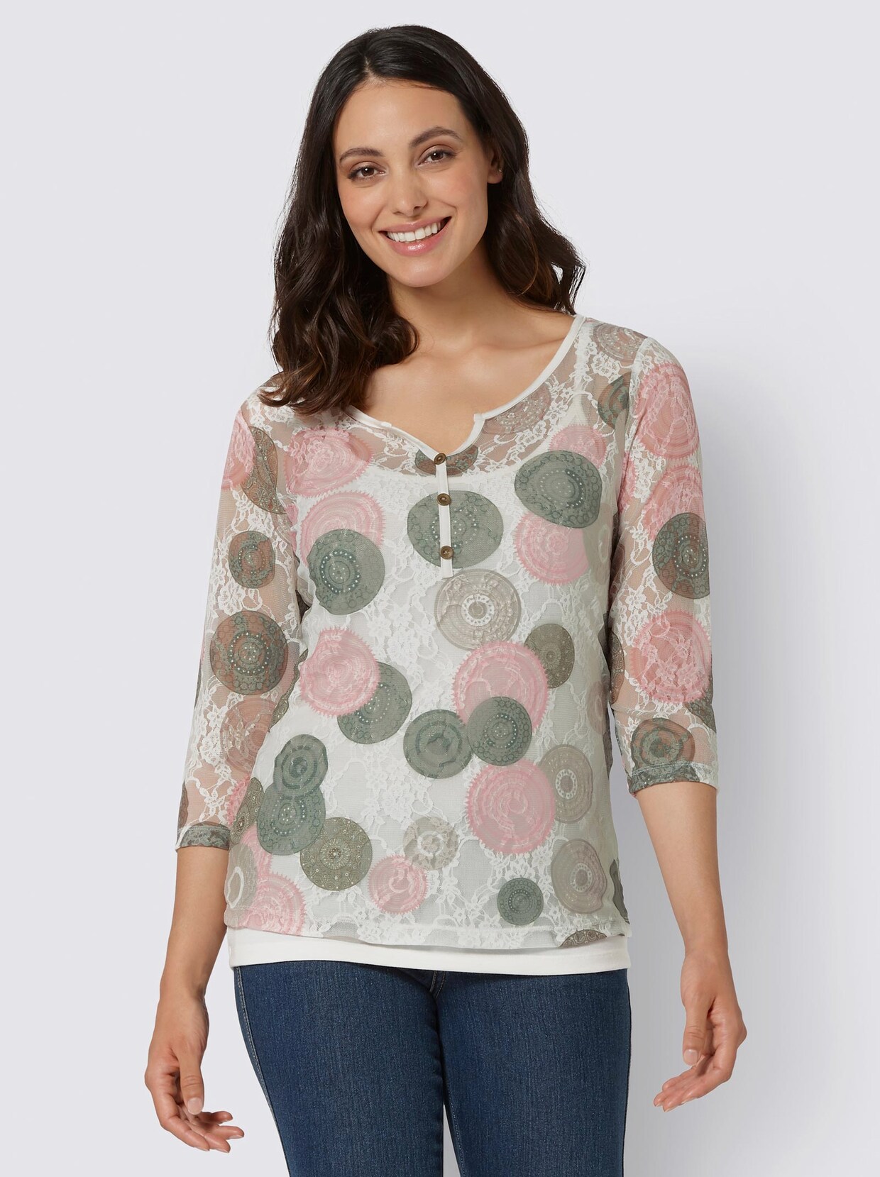 Spitzenshirt - rosenquarz-khaki-bedruckt