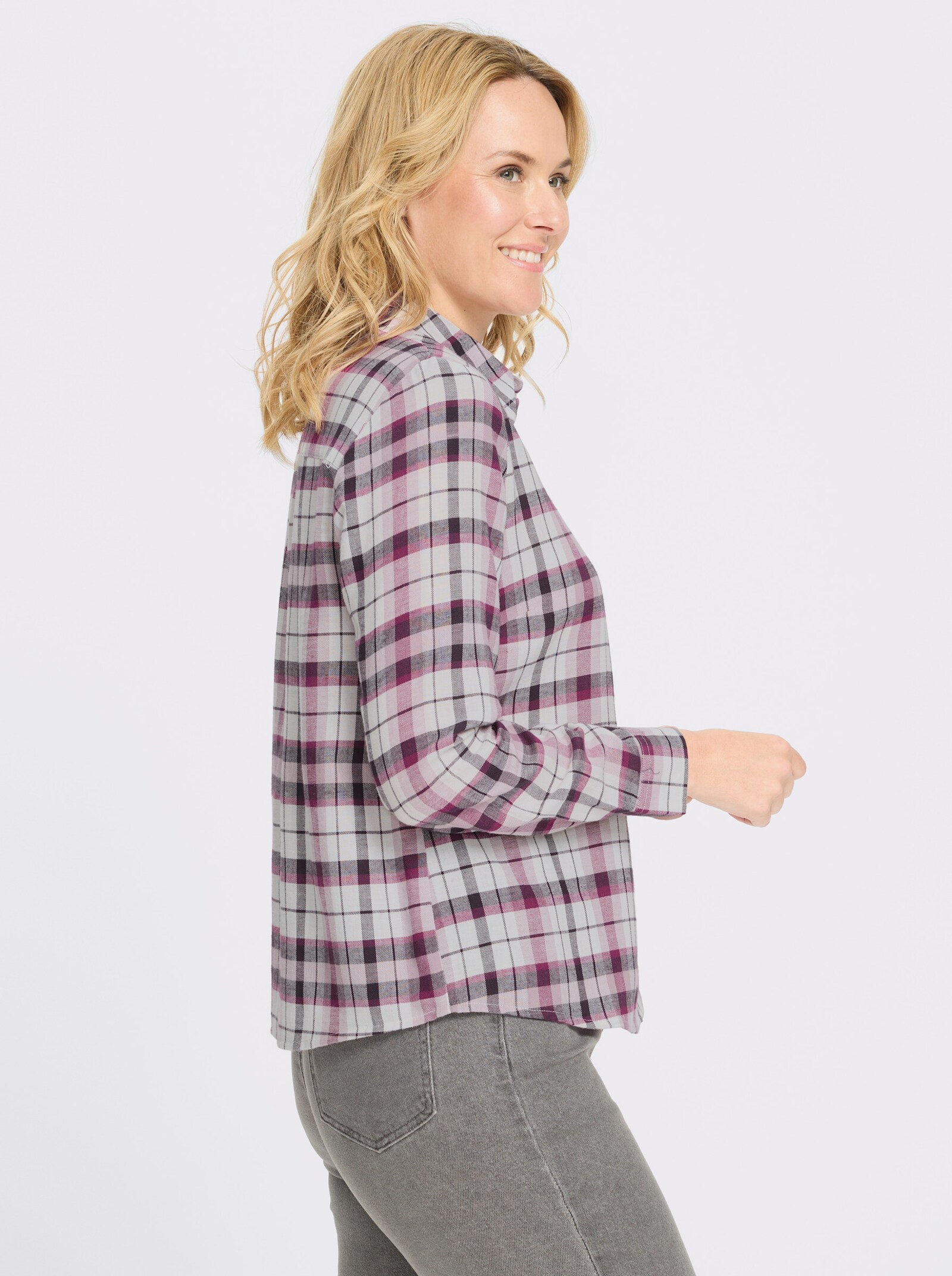 Flanellbluse aus reiner Baumwolle, Webkaro - ecru-aubergine-kariert