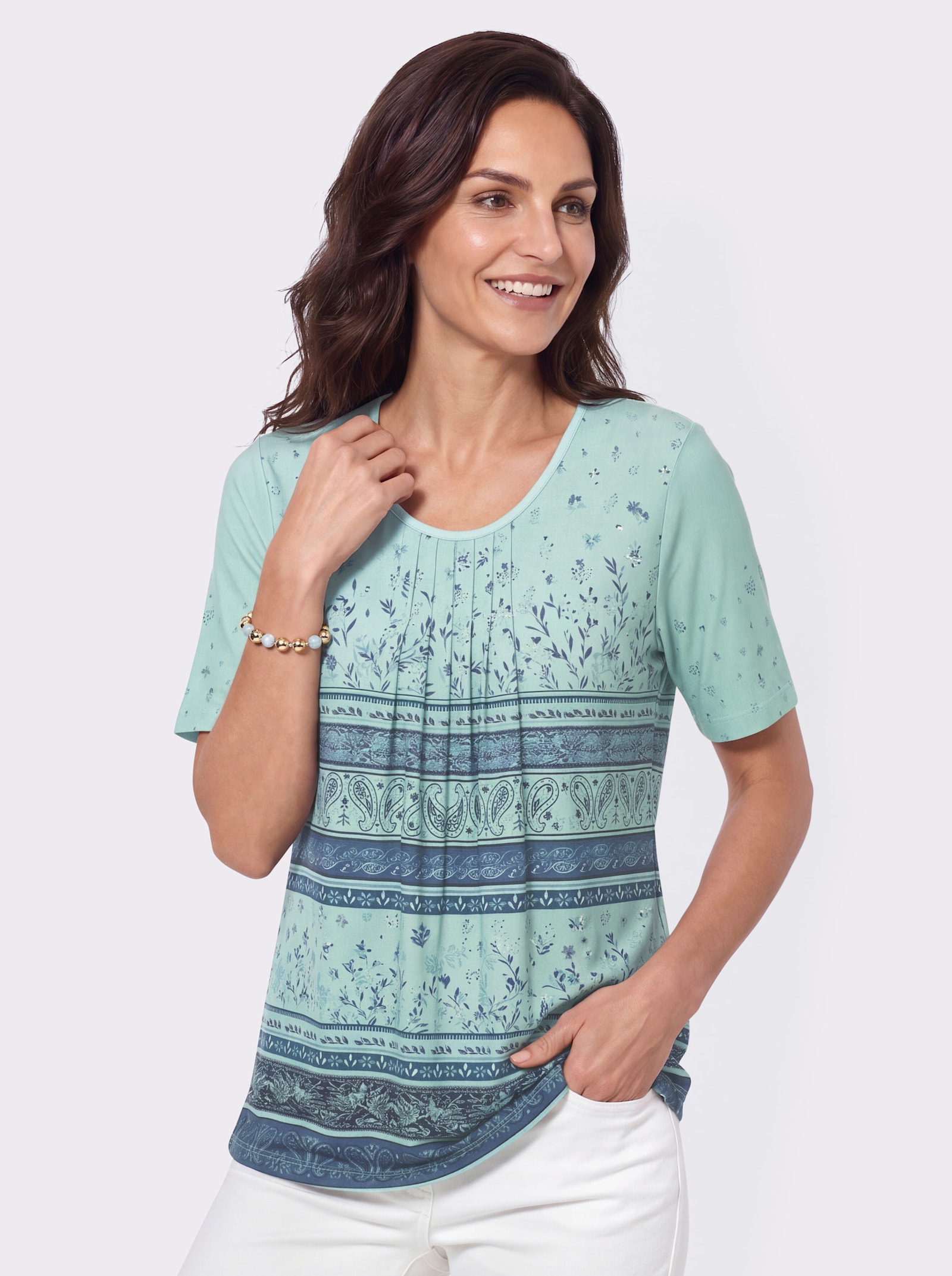 Tunikashirt in A-Silhouette - mint-dunkelblau-bedruckt