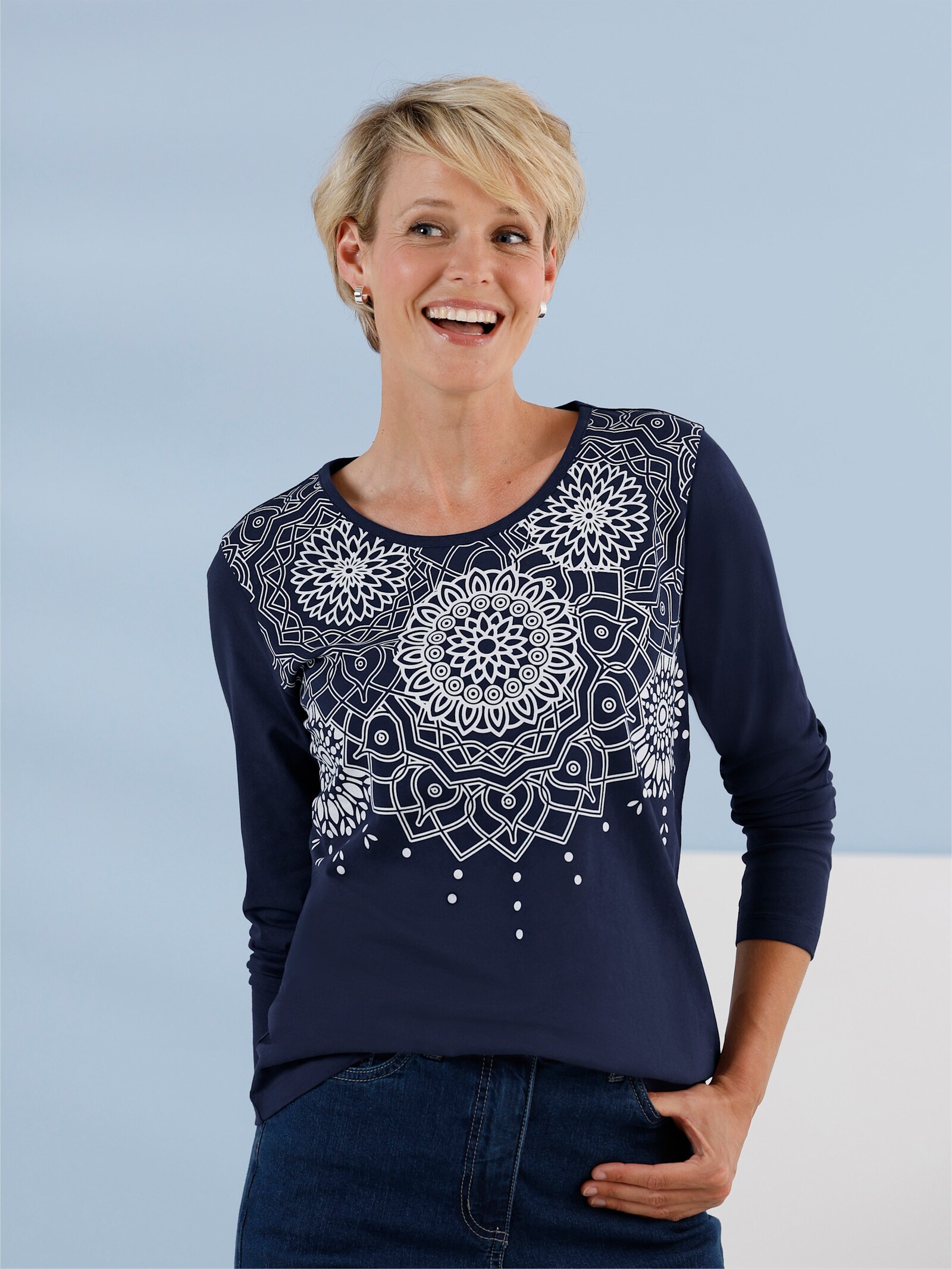 Langarmshirt mit Ornament-Druck - marine-ecru-bedruckt
