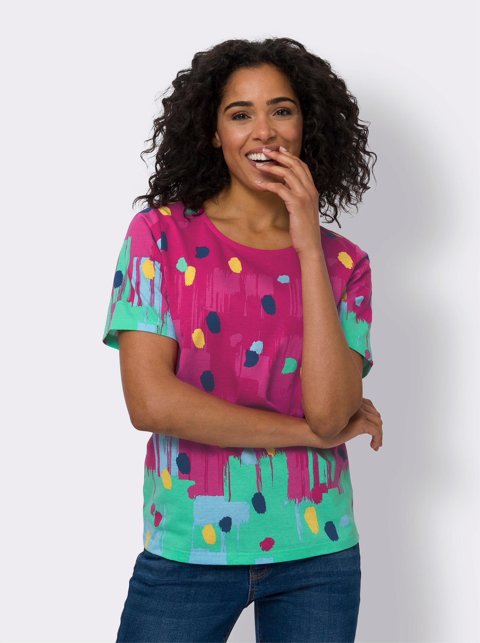 Kurzarmshirt mit Tupfen-Druck - pink-aqua-bedruckt