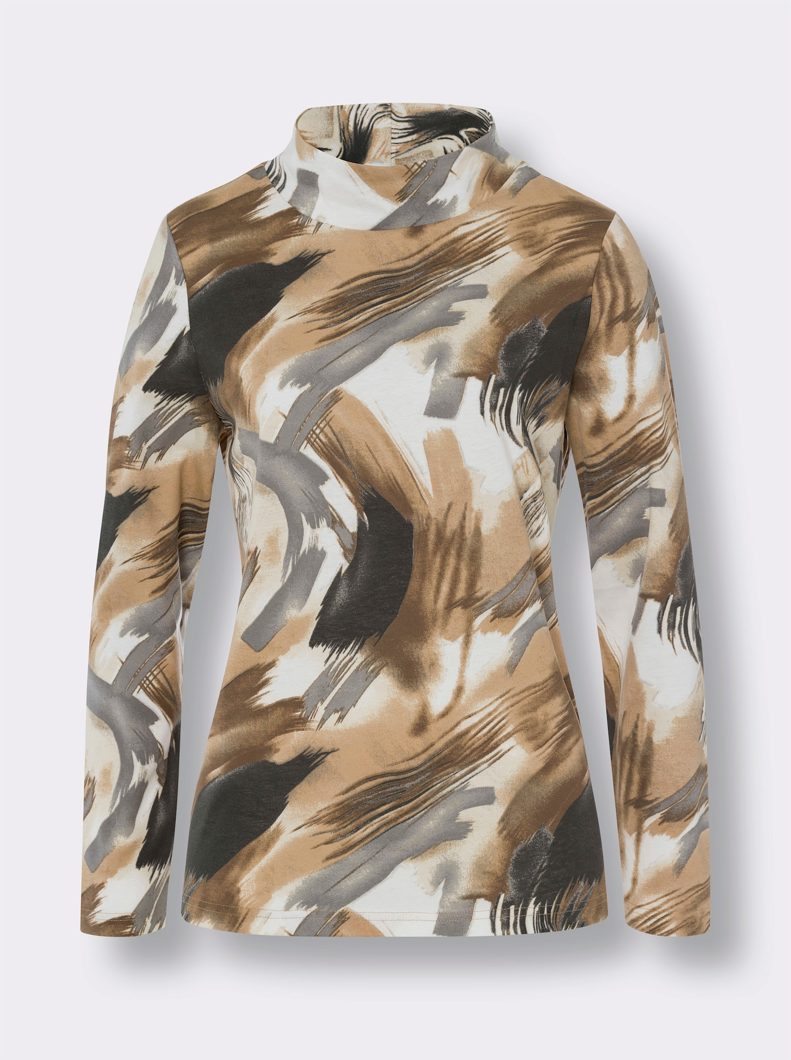 Stehkragenshirt mit Pinselstrich-Muster - ecru-camel-bedruckt