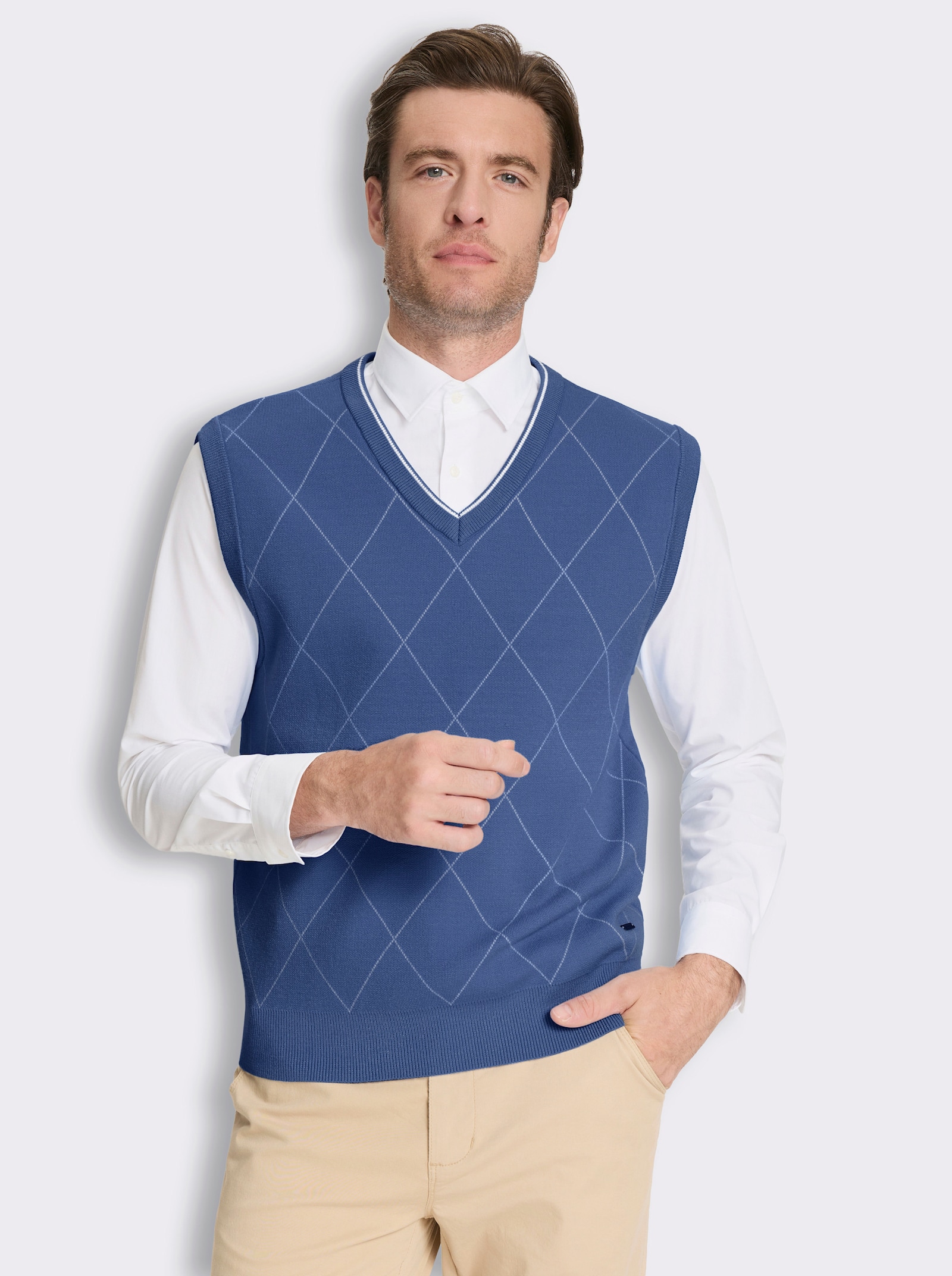Marco Donati Pullunder mit Rauten-Jacquard - jeansblau-ecru-gemustert