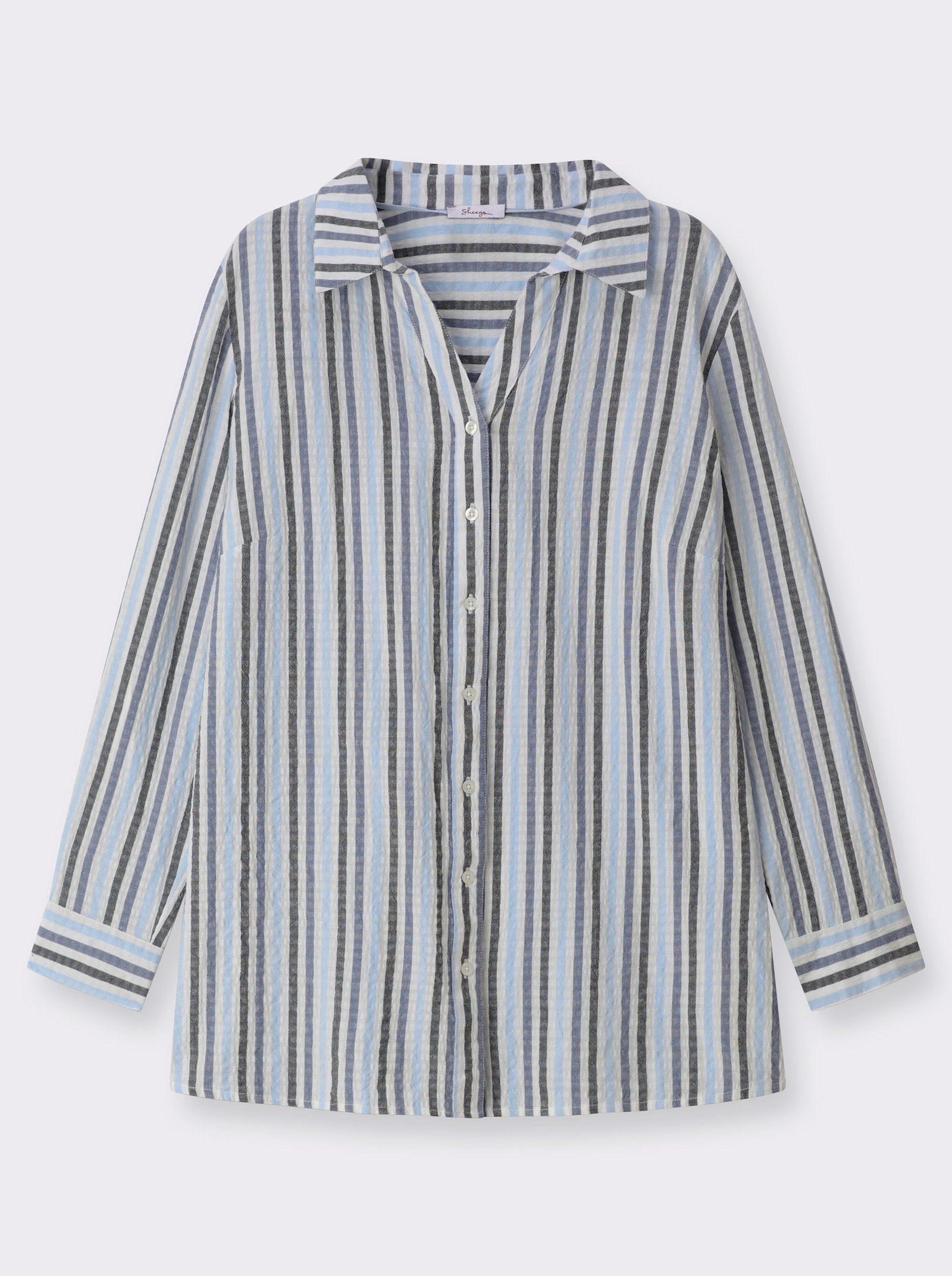 sheego Gestreifte Bluse in Seersucker-Qualität - weiß-tiefblau-gestreift