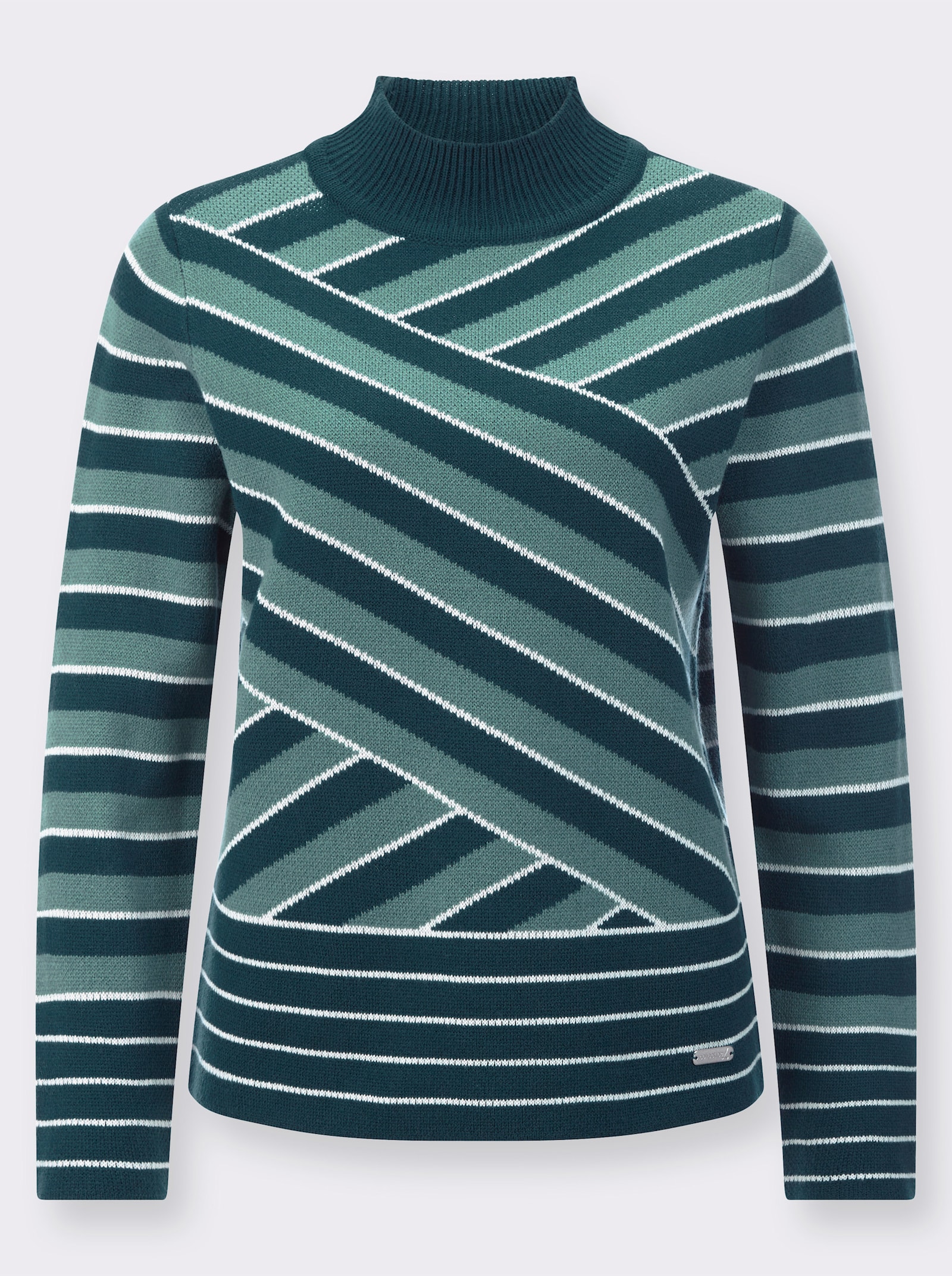 Svetr se stojáčkem a žakárovým proužkovaným vzorem - nefritová-ecru-proužek