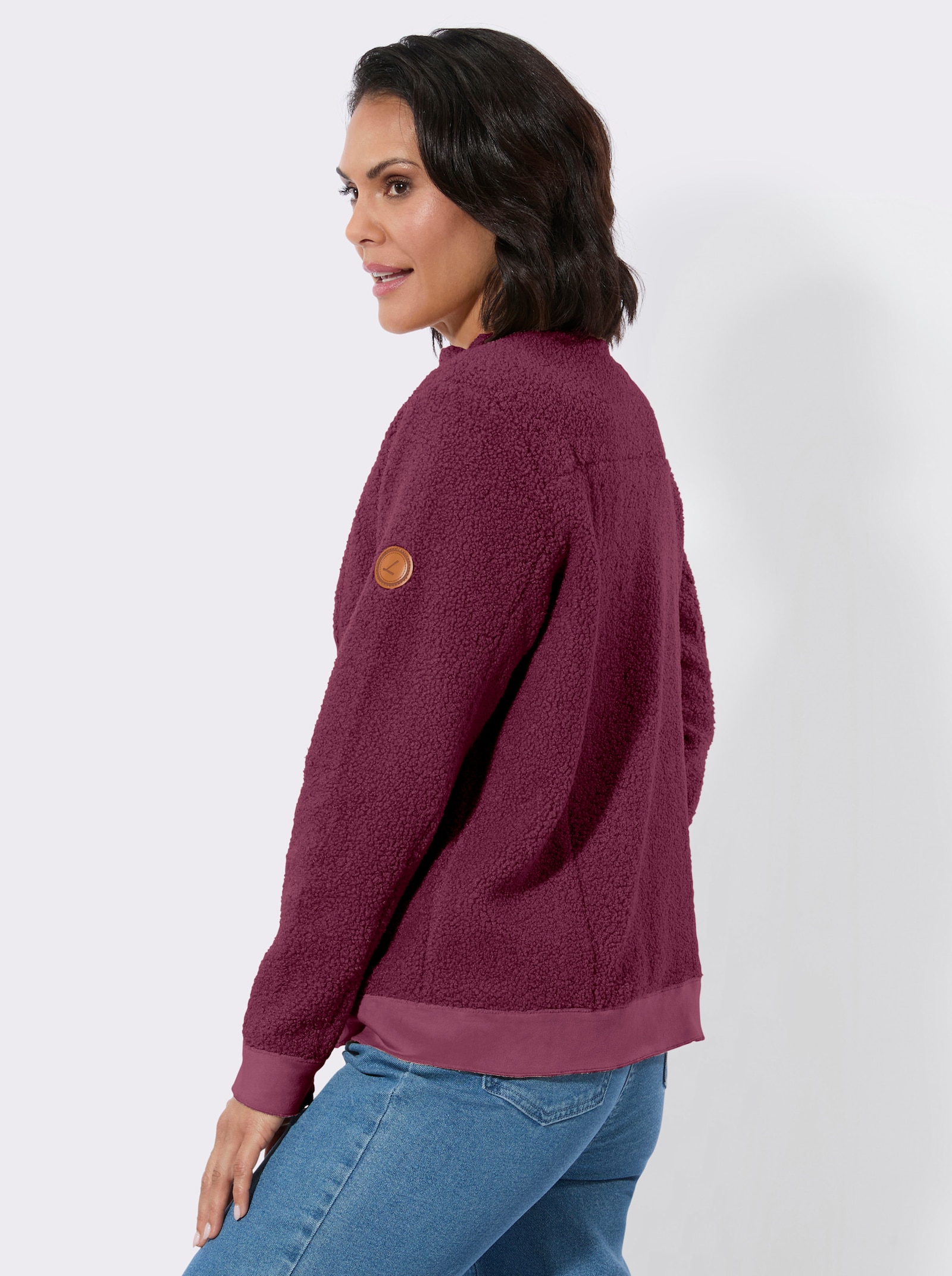 Boucléjacke mit Veloursleder-Opik - bordeaux