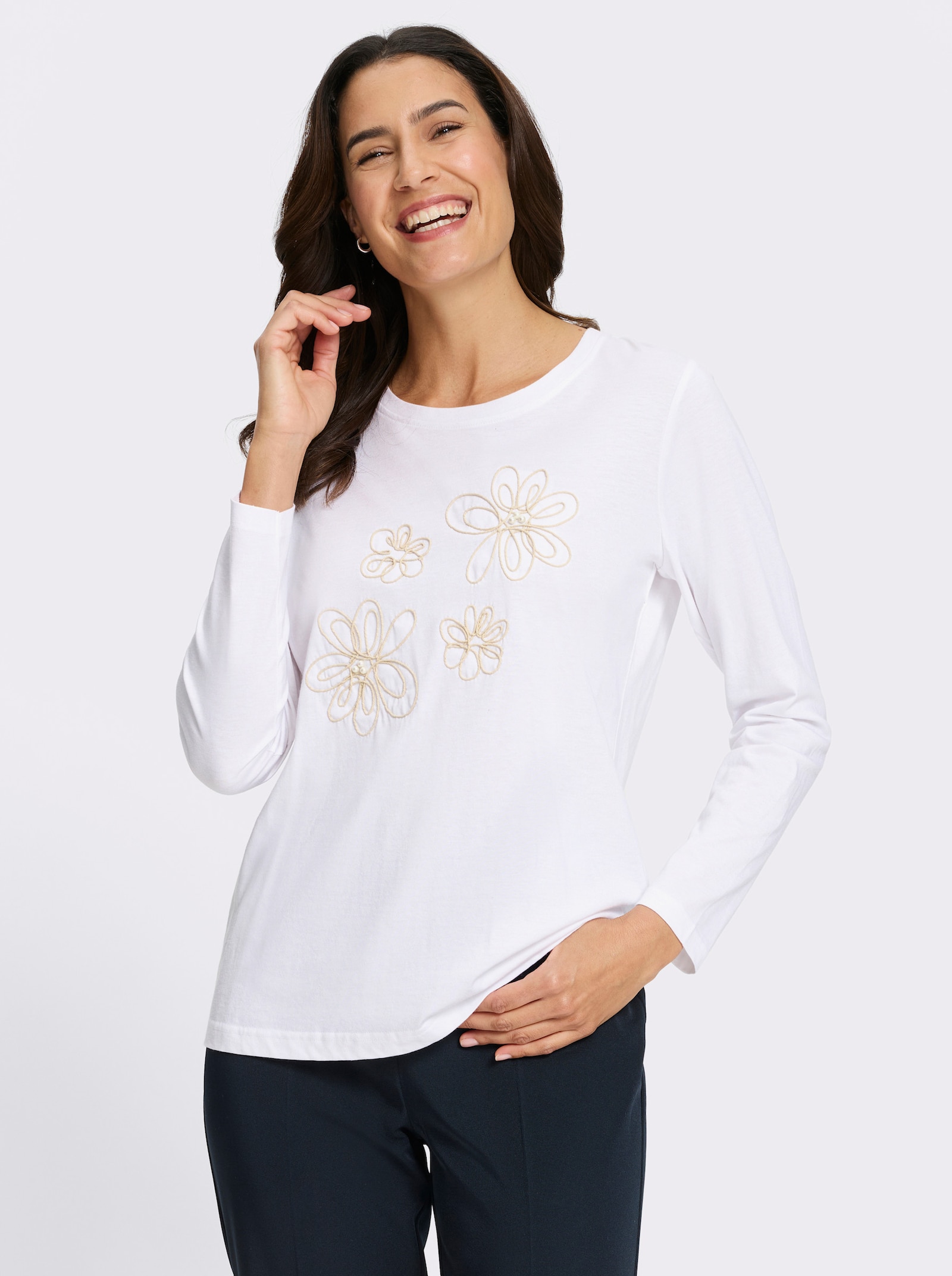 Langarmshirt mit Kordelstickerei und Zierperlen - ecru