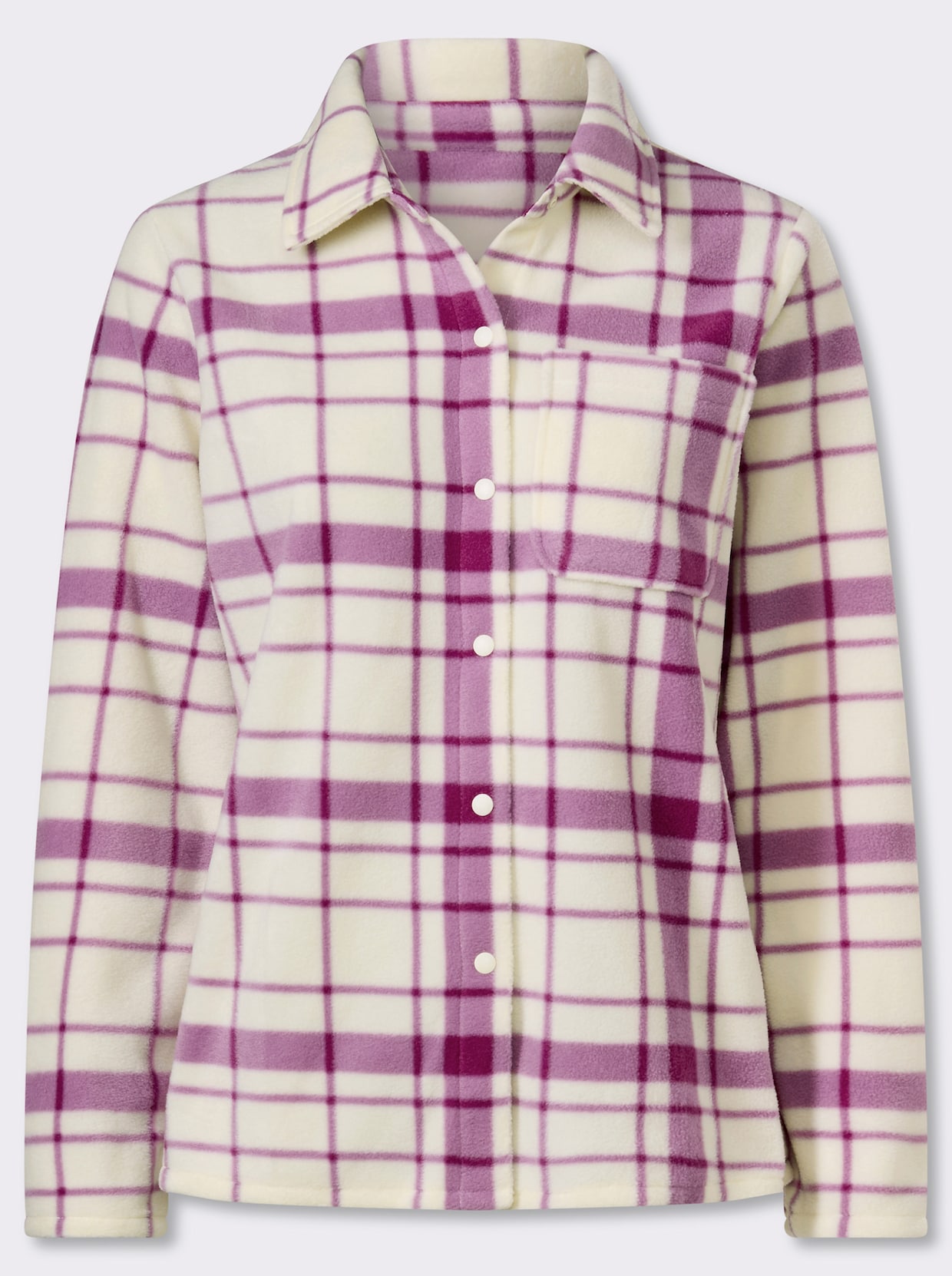 Fleecejacka med längre fåll baktill - orkidé-champagne-rutig