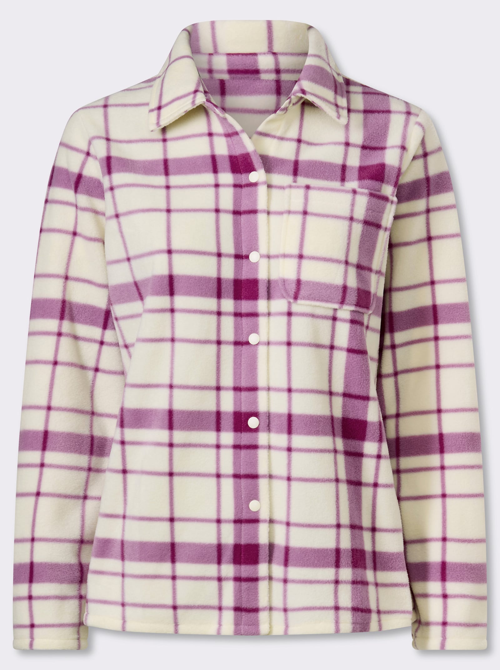 Fleecejacka med längre fåll baktill - orkidé-champagne-rutig