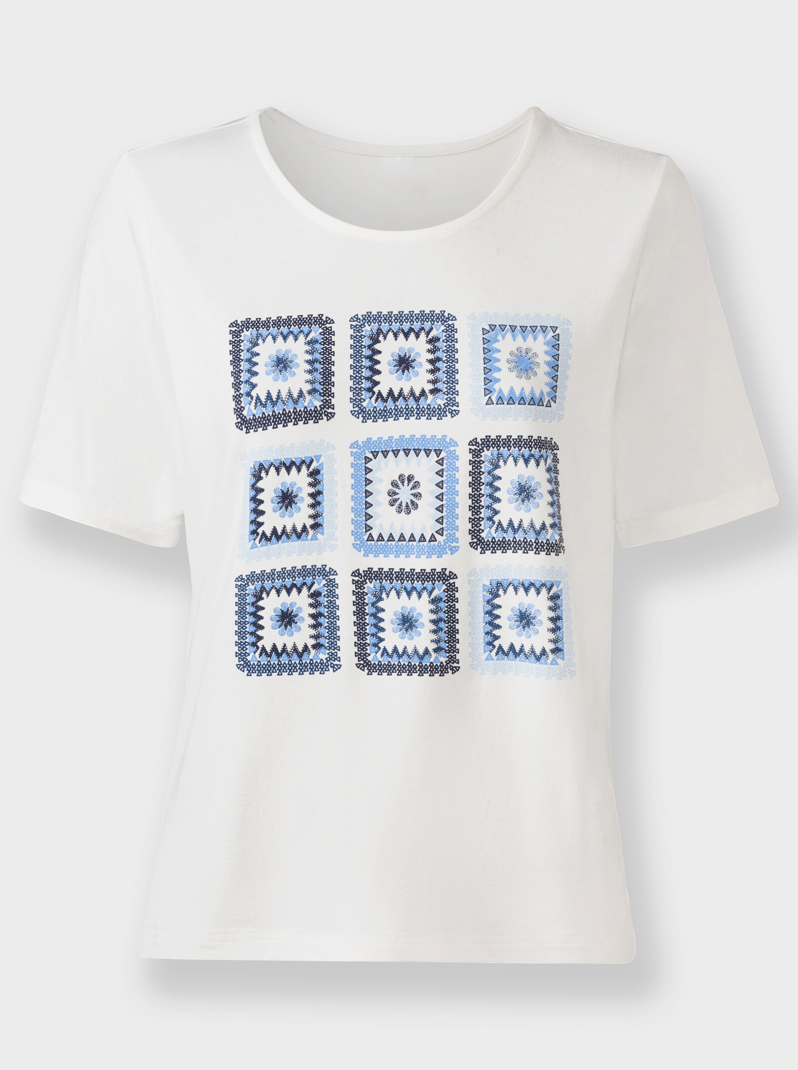 Tričko s okrúhlym výstrihom a potlačou - Svetlobéžová a džínsová modrá potlač