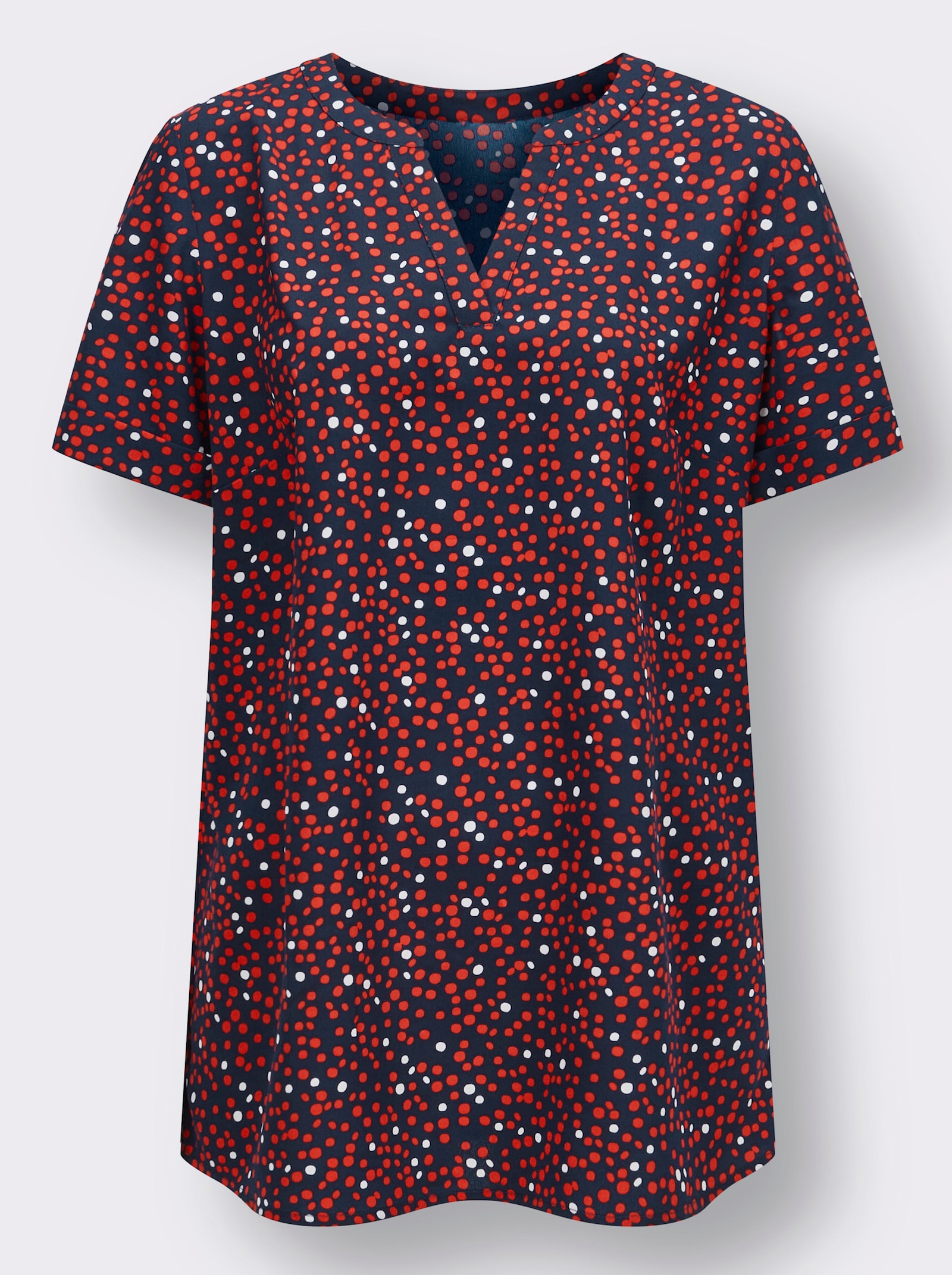 Lange blouse met vaste mouwomslag - marine/rood geprint