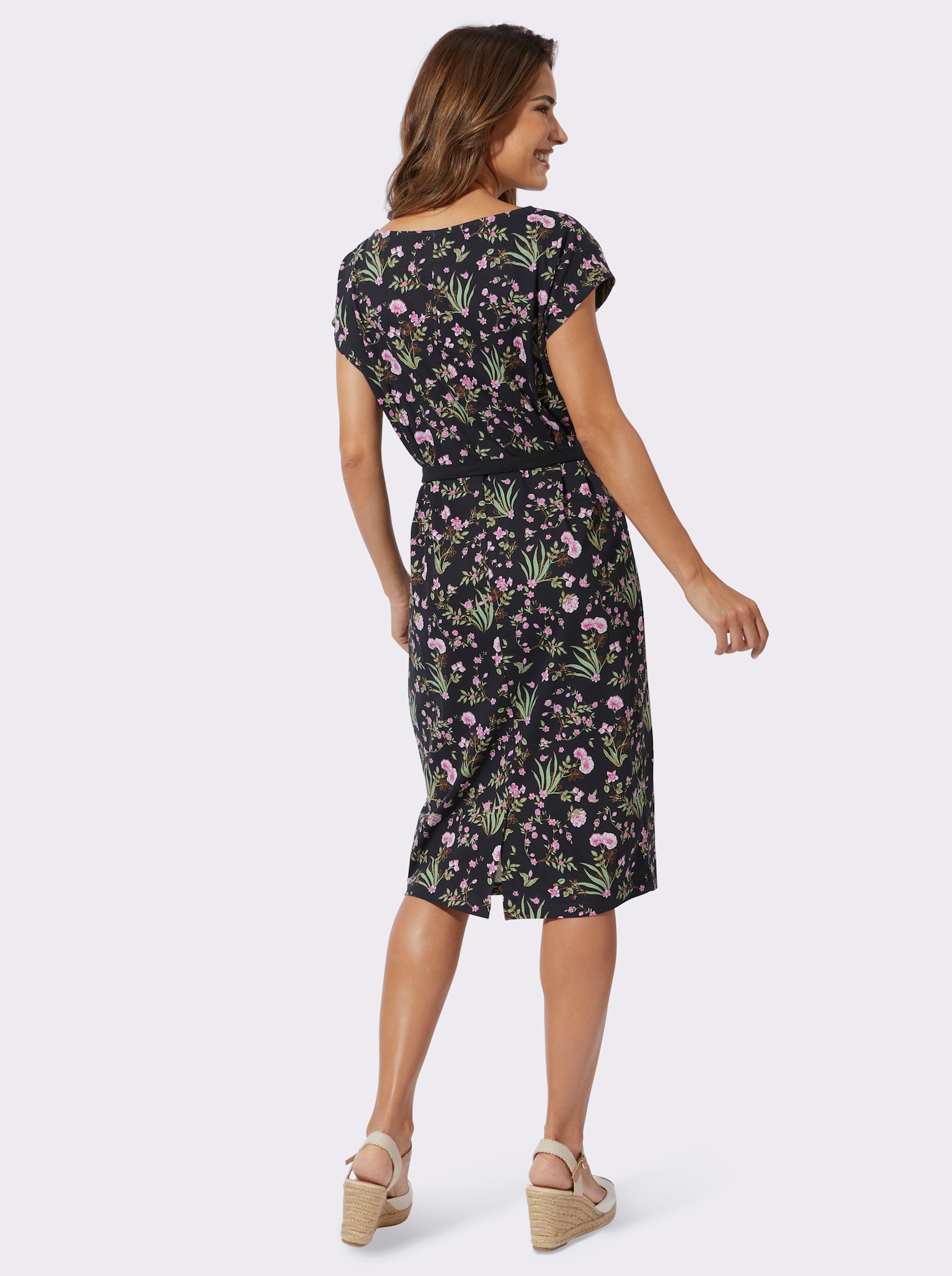 Jerseyjurk met bloemetjesprint - zwart/roze bedrukt