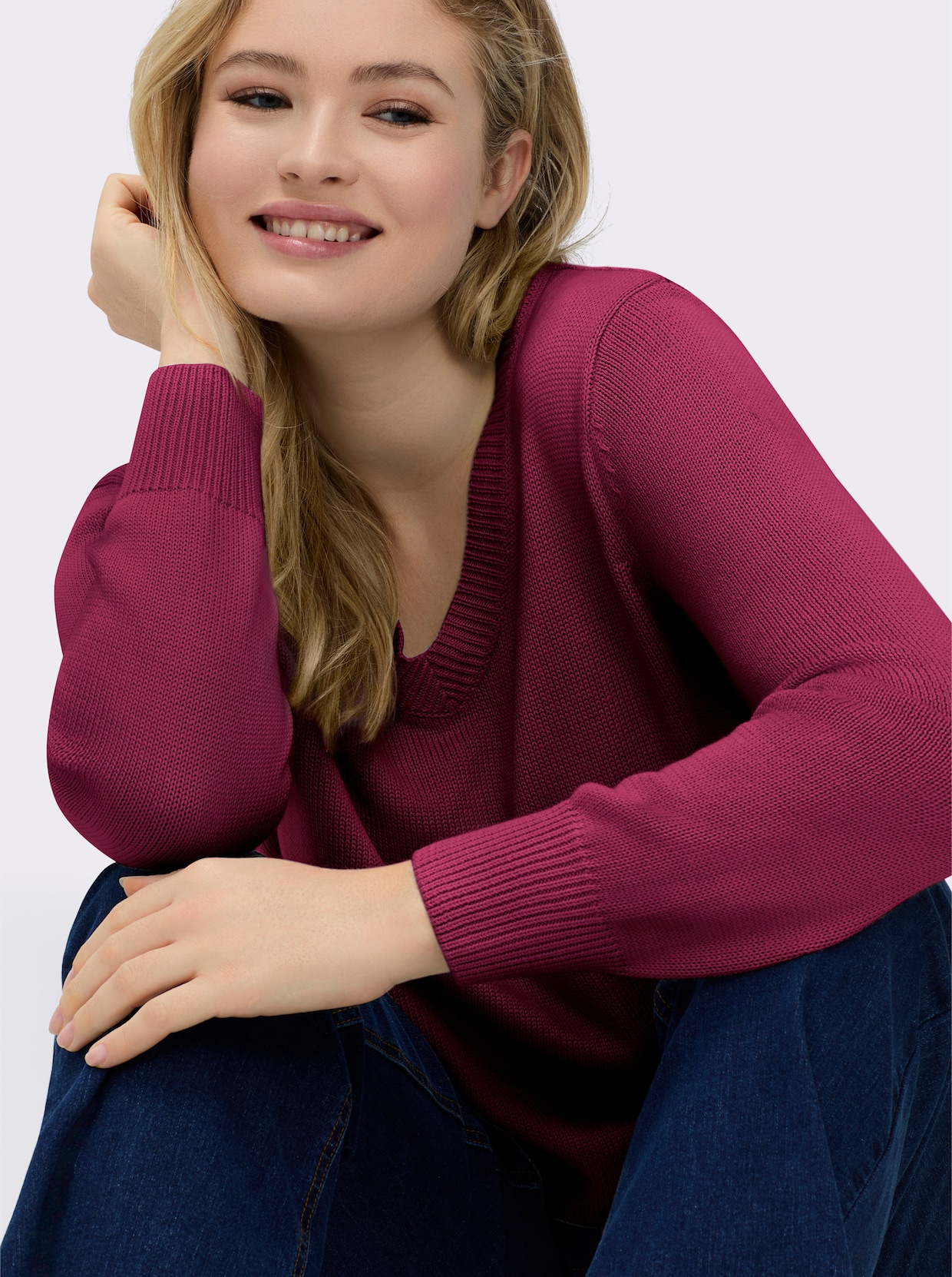 V-Ausschnitt-Pullover mit Baumwolle - fuchsia