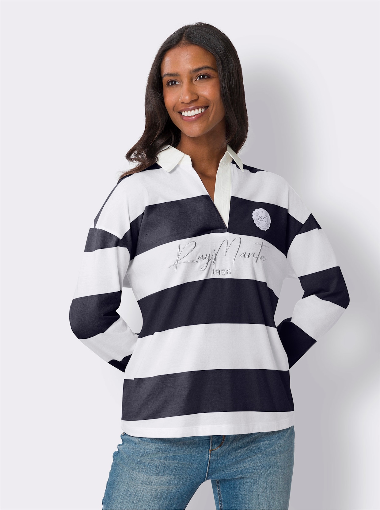 heine Poloshirt met lange mouwen - marine/ecru geprint