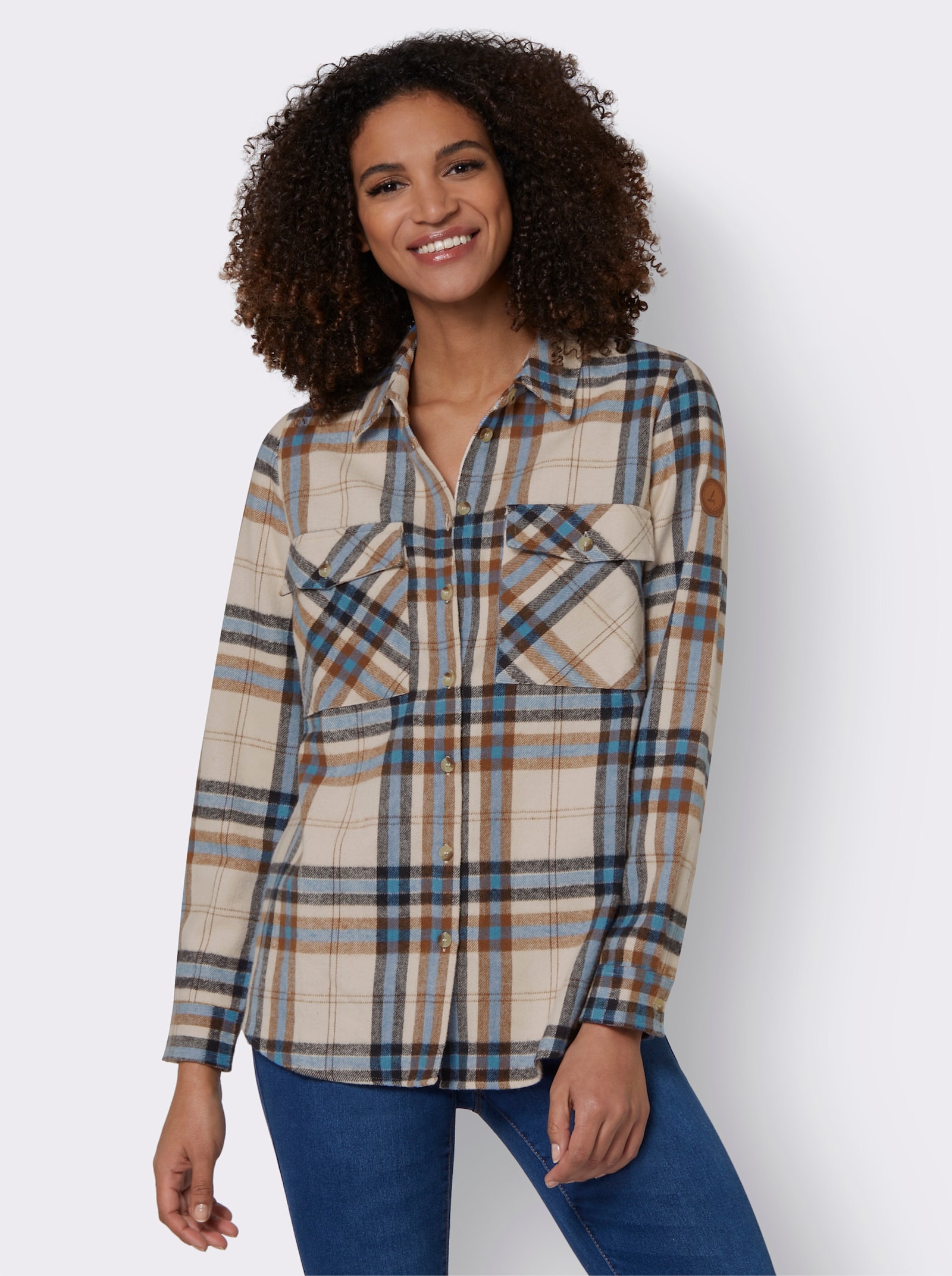 Flanellbluse mit mehrfarbigem Webkaro - mittelblau-elfenbein-kariert