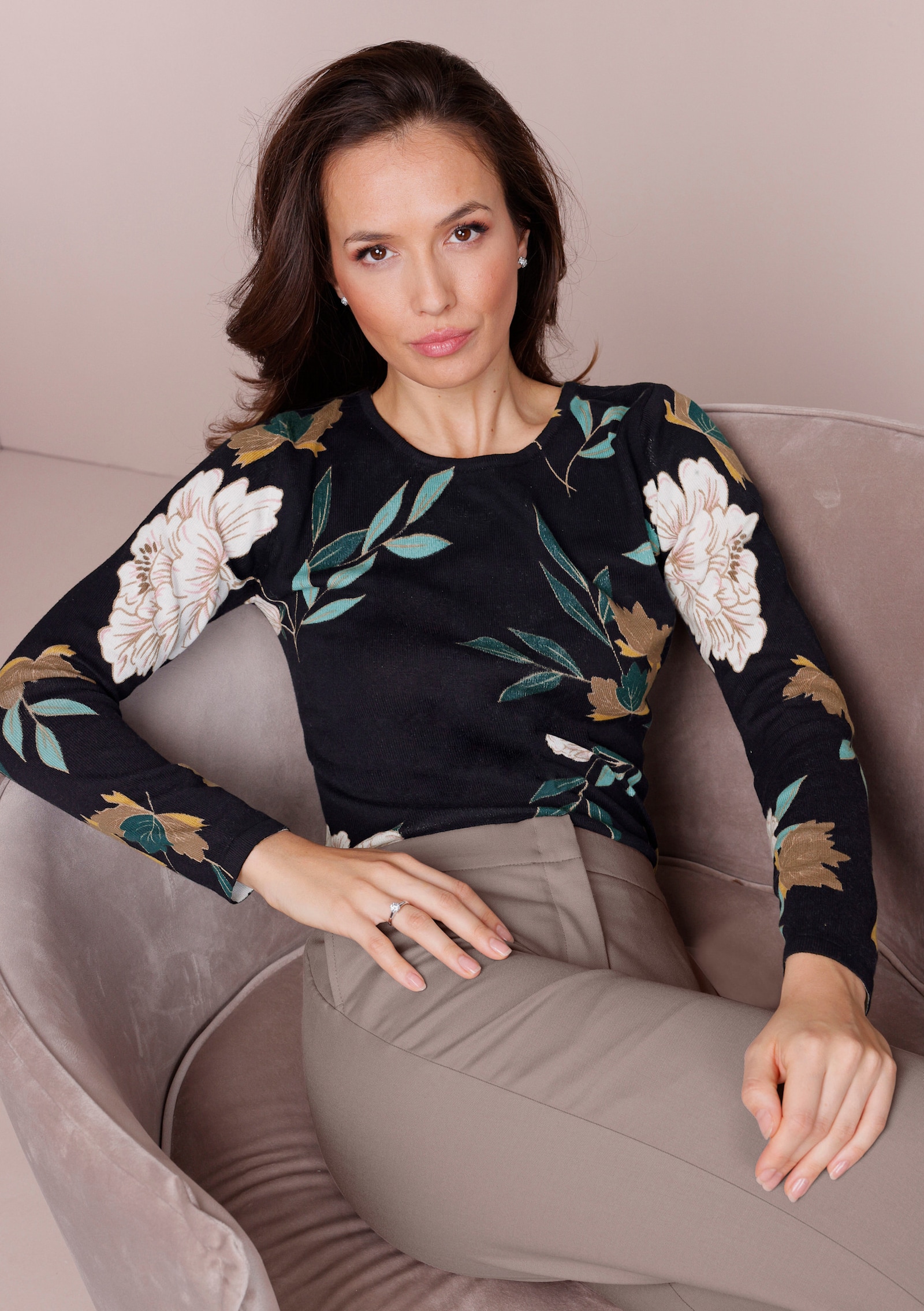CREATION L PREMIUM Feinstrickpullover mit Seide - schwarz-petrol-bedruckt