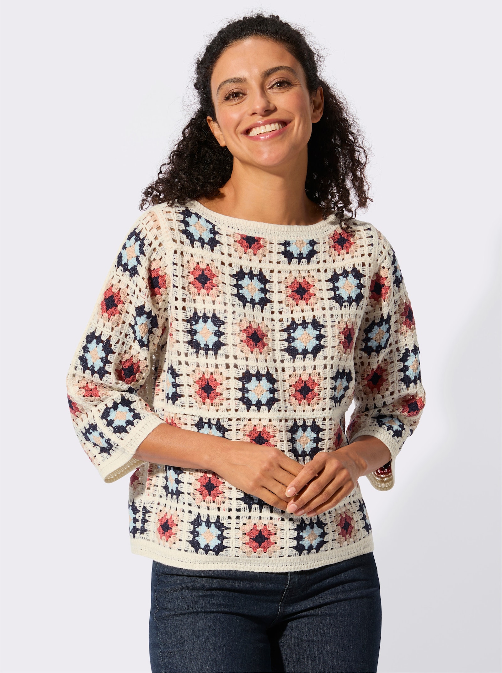 Pullover in Häkel-Optik - ecru-koralle-gemustert