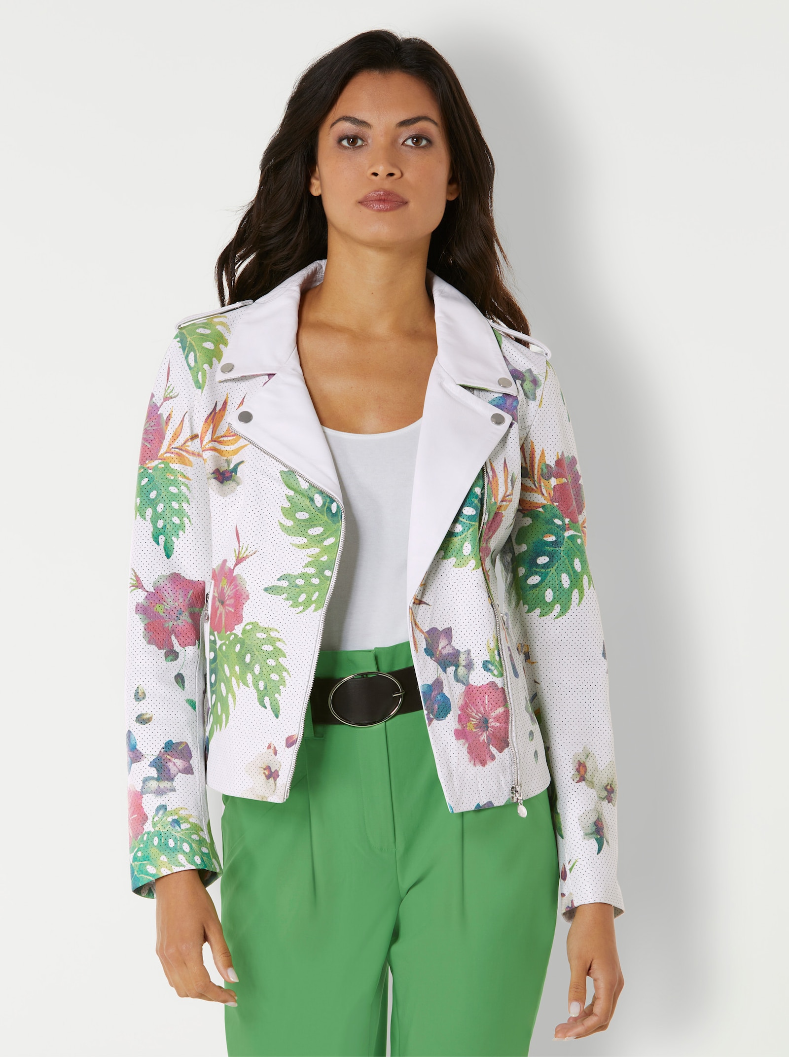 CREATION L PREMIUM Lederjacke mit asymmetrischem Reißverschluss - weiß-bedruckt