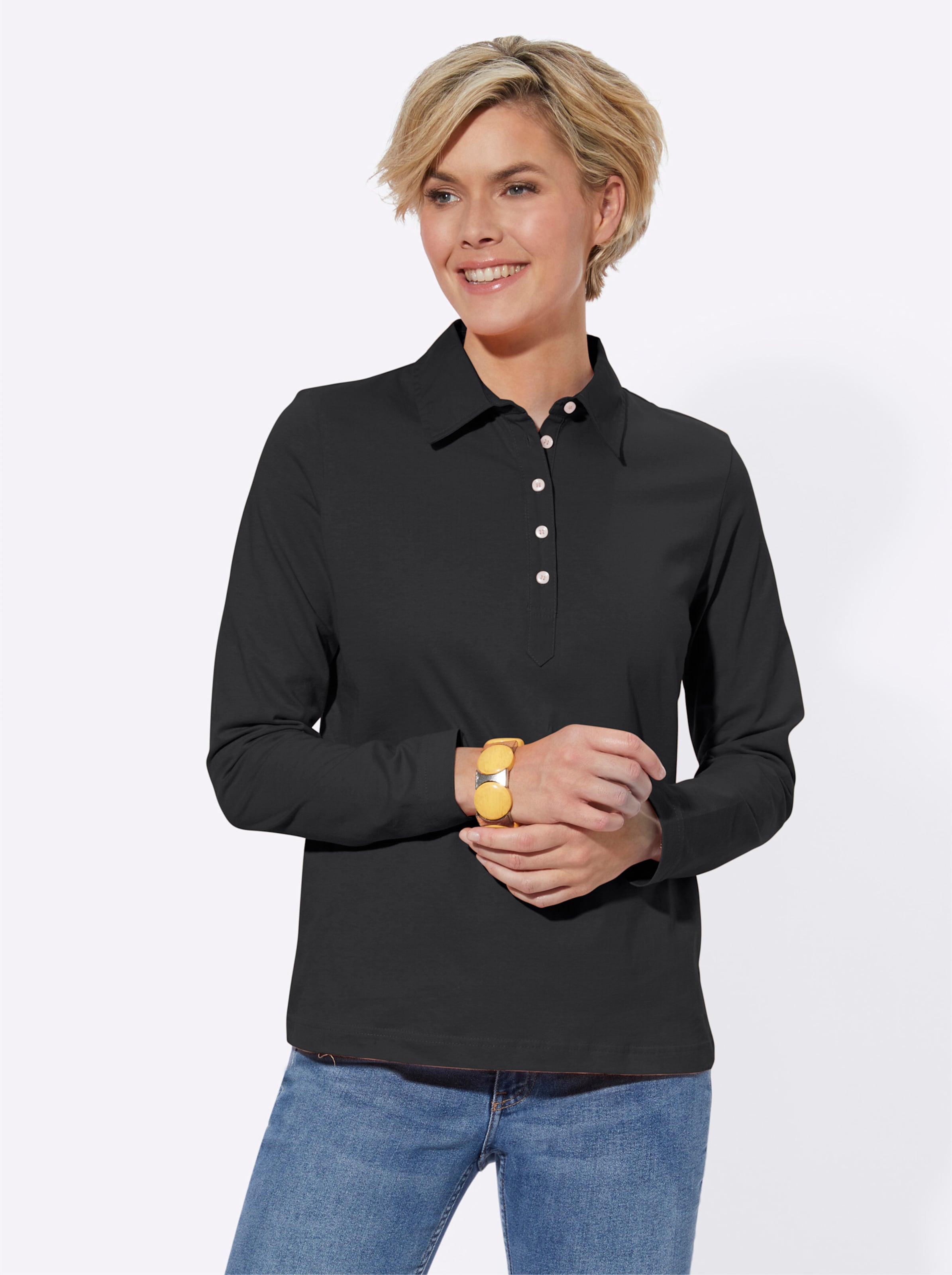Lang Shirt  günstig Kaufen-Langarm-Poloshirt in schwarz von heine. Langarm-Poloshirt in schwarz von heine <![CDATA[Poloshirt in Single-Jersey-Qualität. Mit Polokragen und Knopfleiste. Langarm.]]>. 