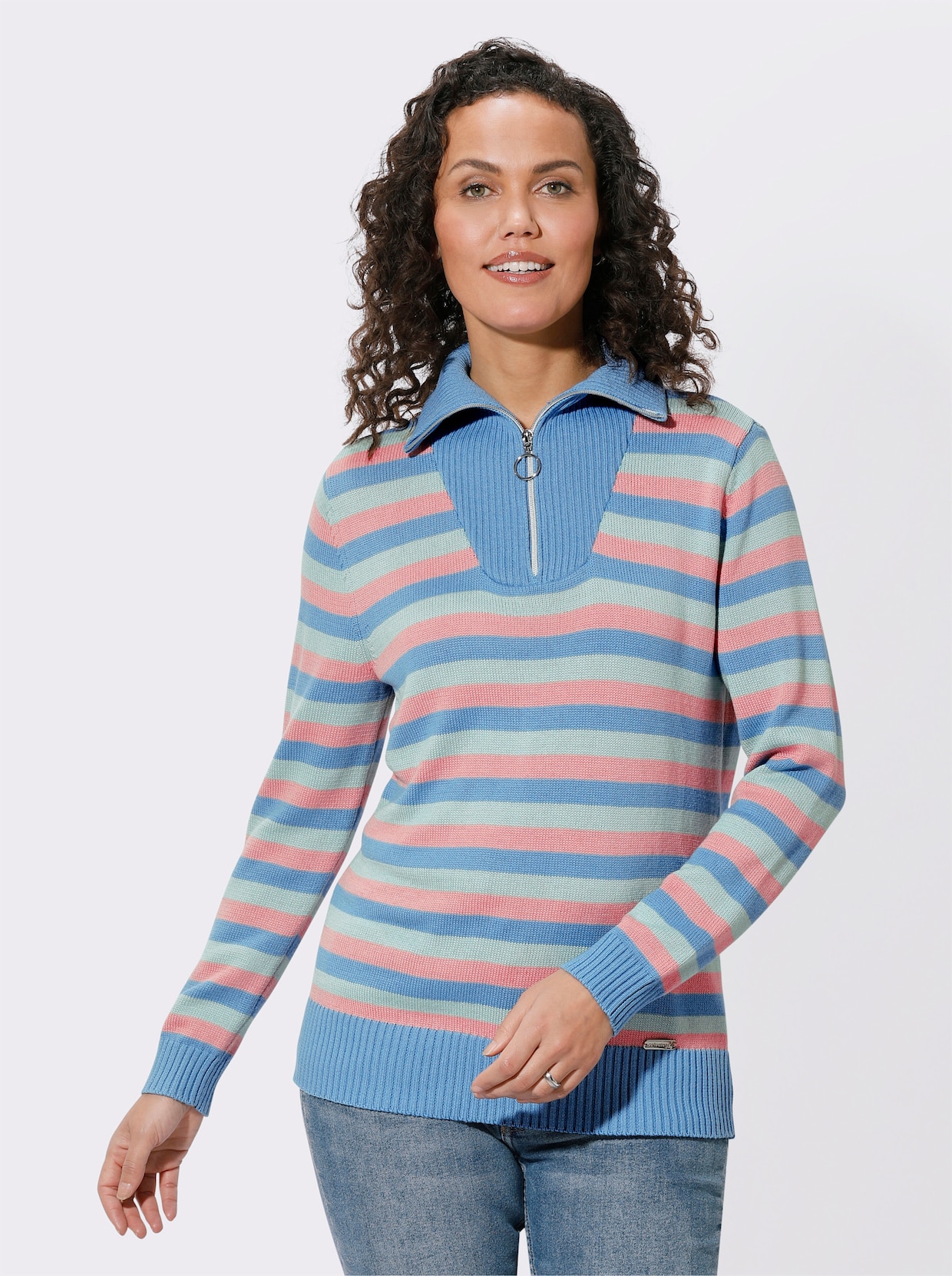 Pull camionneur - bleu ciel-quartz rose à rayures fines