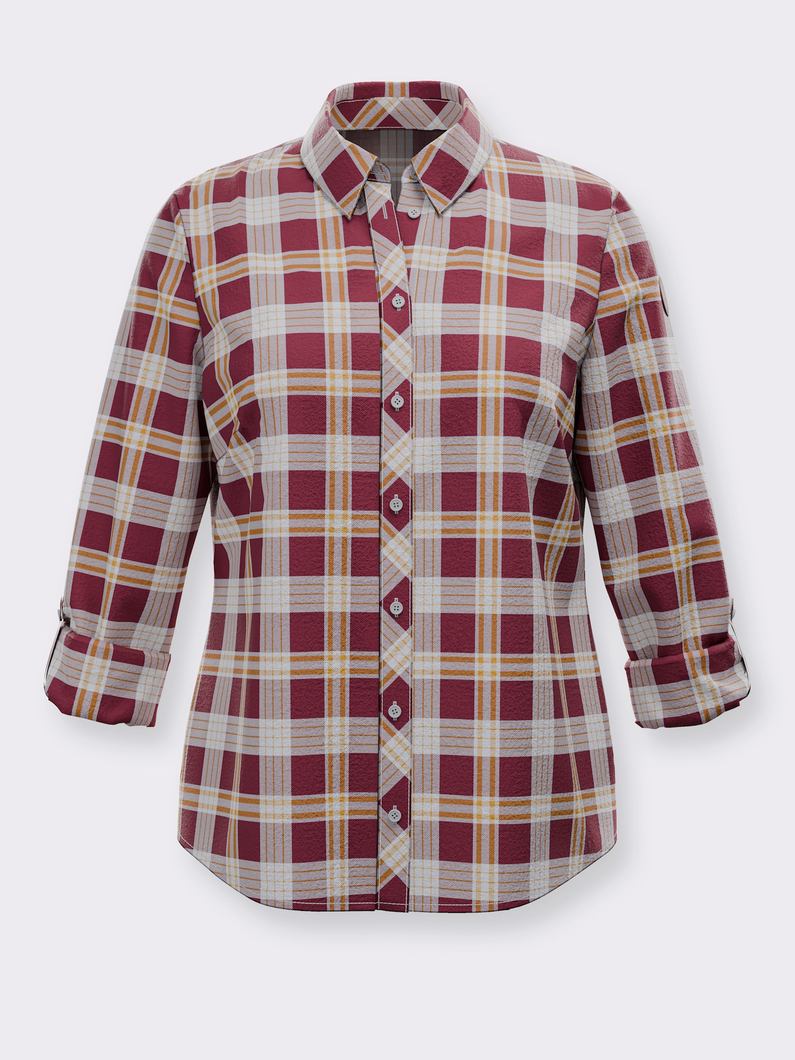  Flanellbluse mit abgerundetem Saum - bordeaux-ecru-kariert