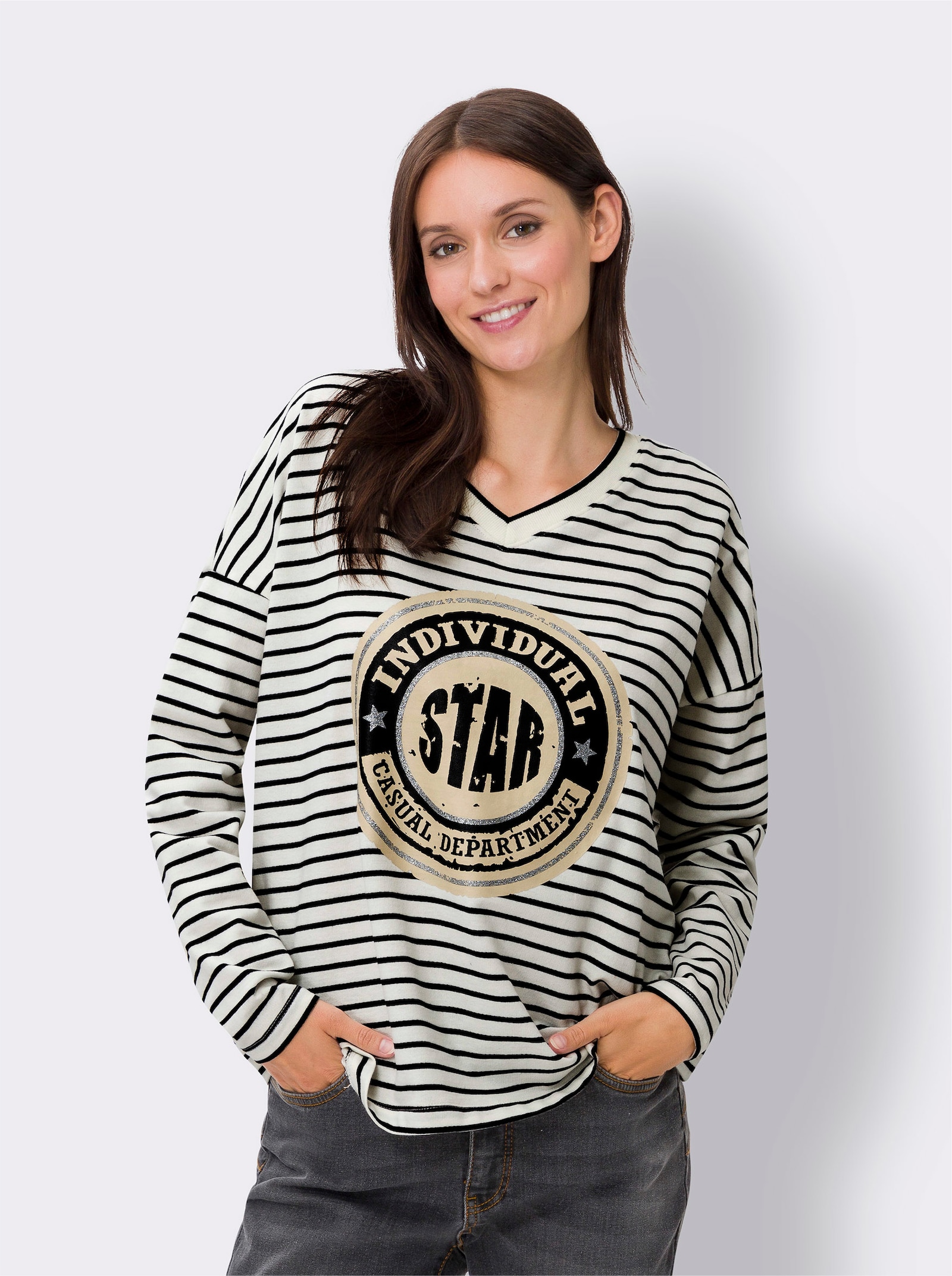 heine Ringelshirt mit Logo-Print - champagner-schwarz-geringelt