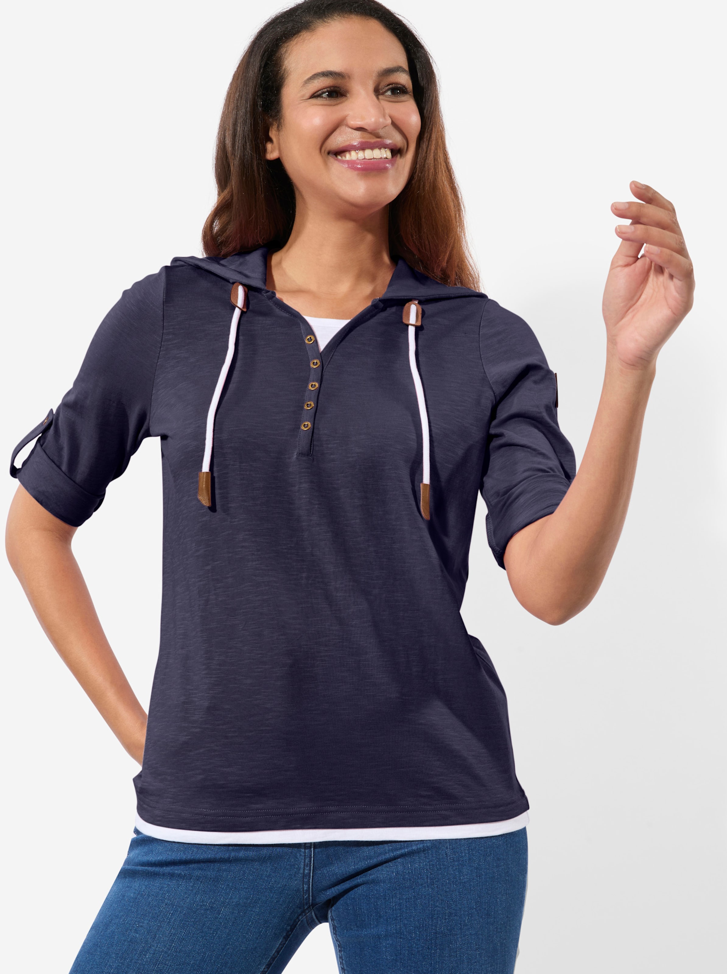 Casual Looks Damen Blau 2-In-1-Shirt "2-In-1-Shirt", Gr. 38, (Marine, Weiß), 100% Baumwolle, Gemustert, Mehrfarbig, V-Ausschnitt, Shirts 2-In-1 Shirt - Bild 2