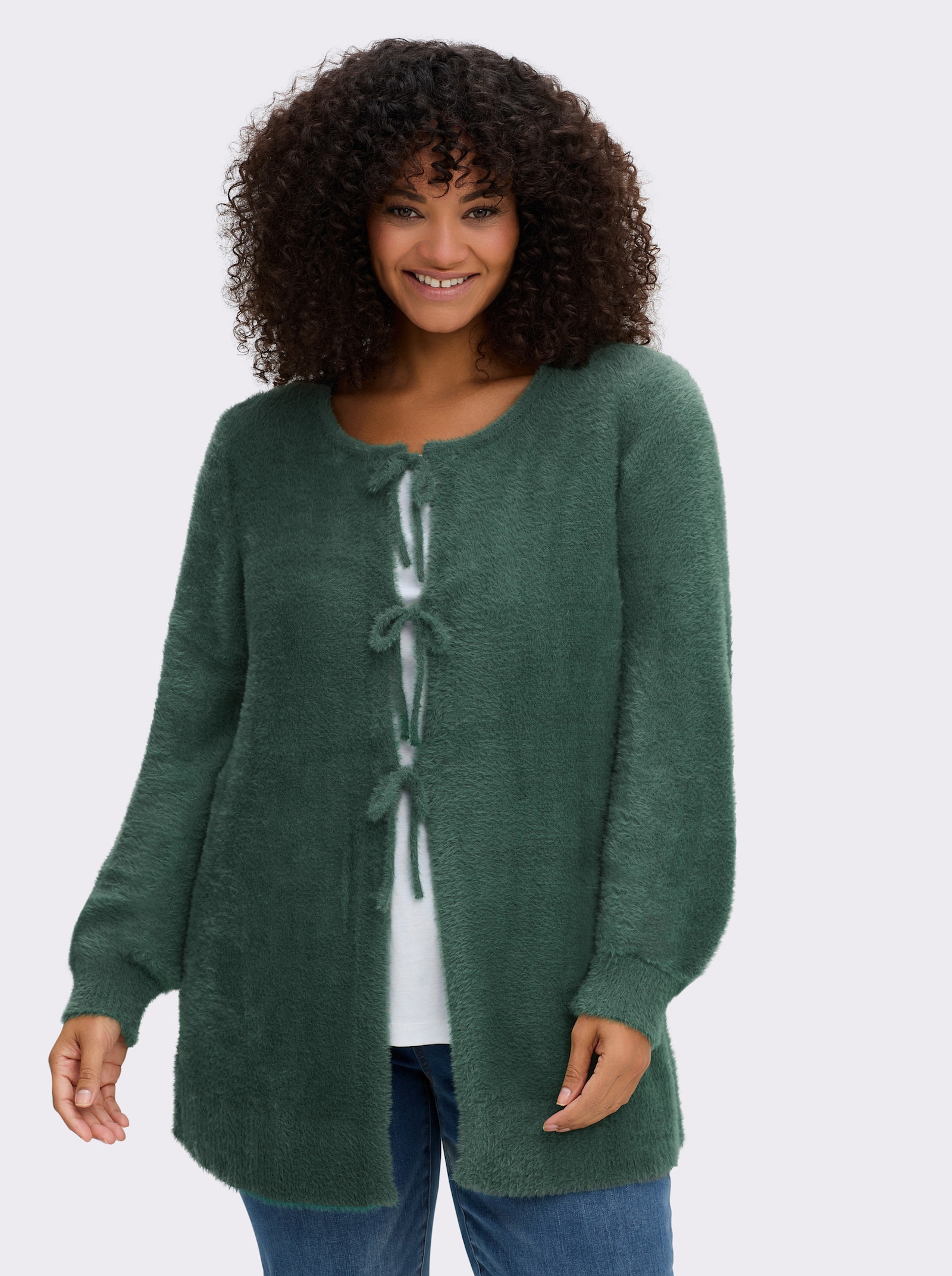 sheego Strickjacke mit Bindebändern und Ballonärmeln - moos