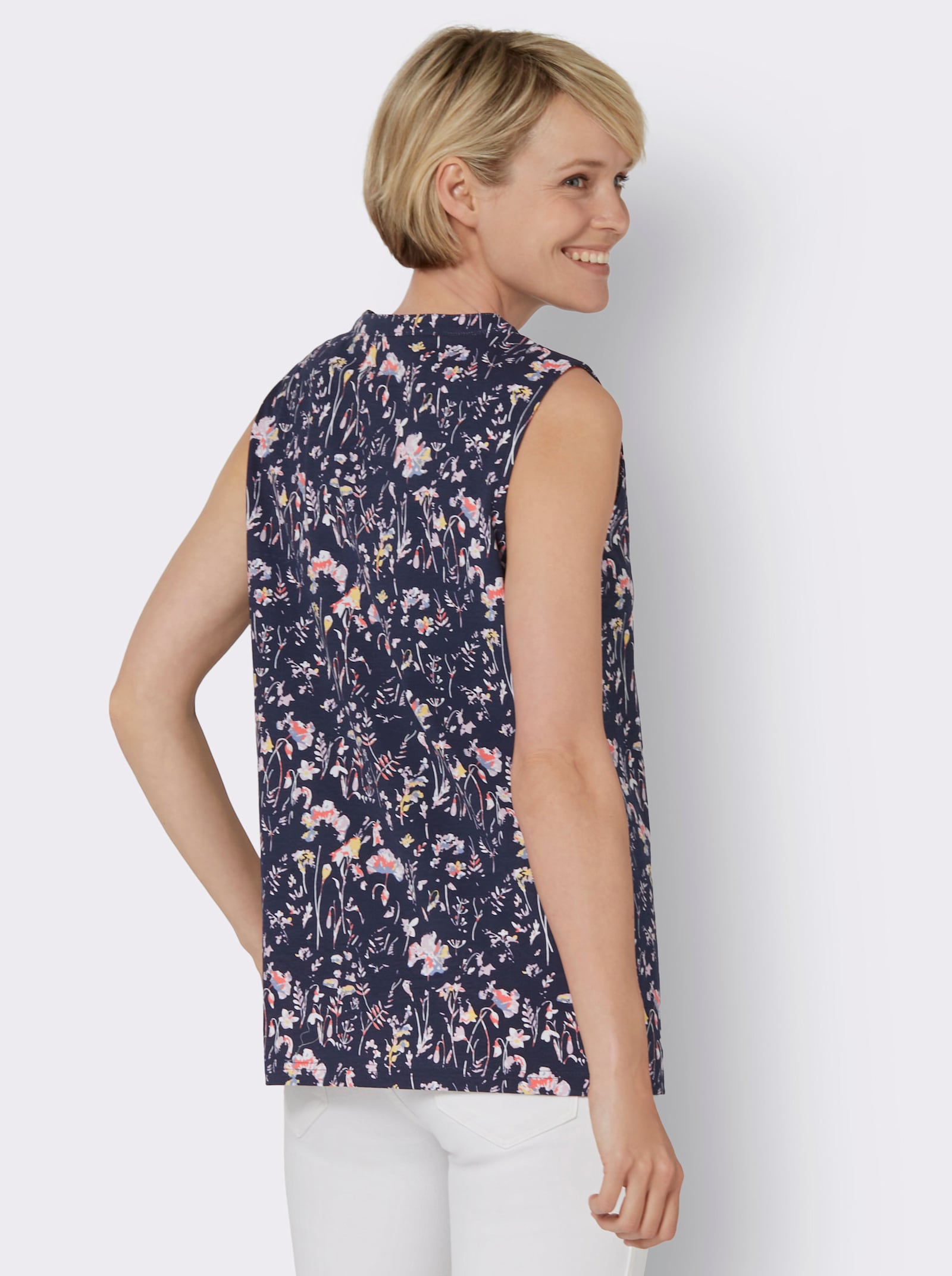 Shirttop mit Rundhals-Ausschnitt - marine-taubenblau-bedruckt