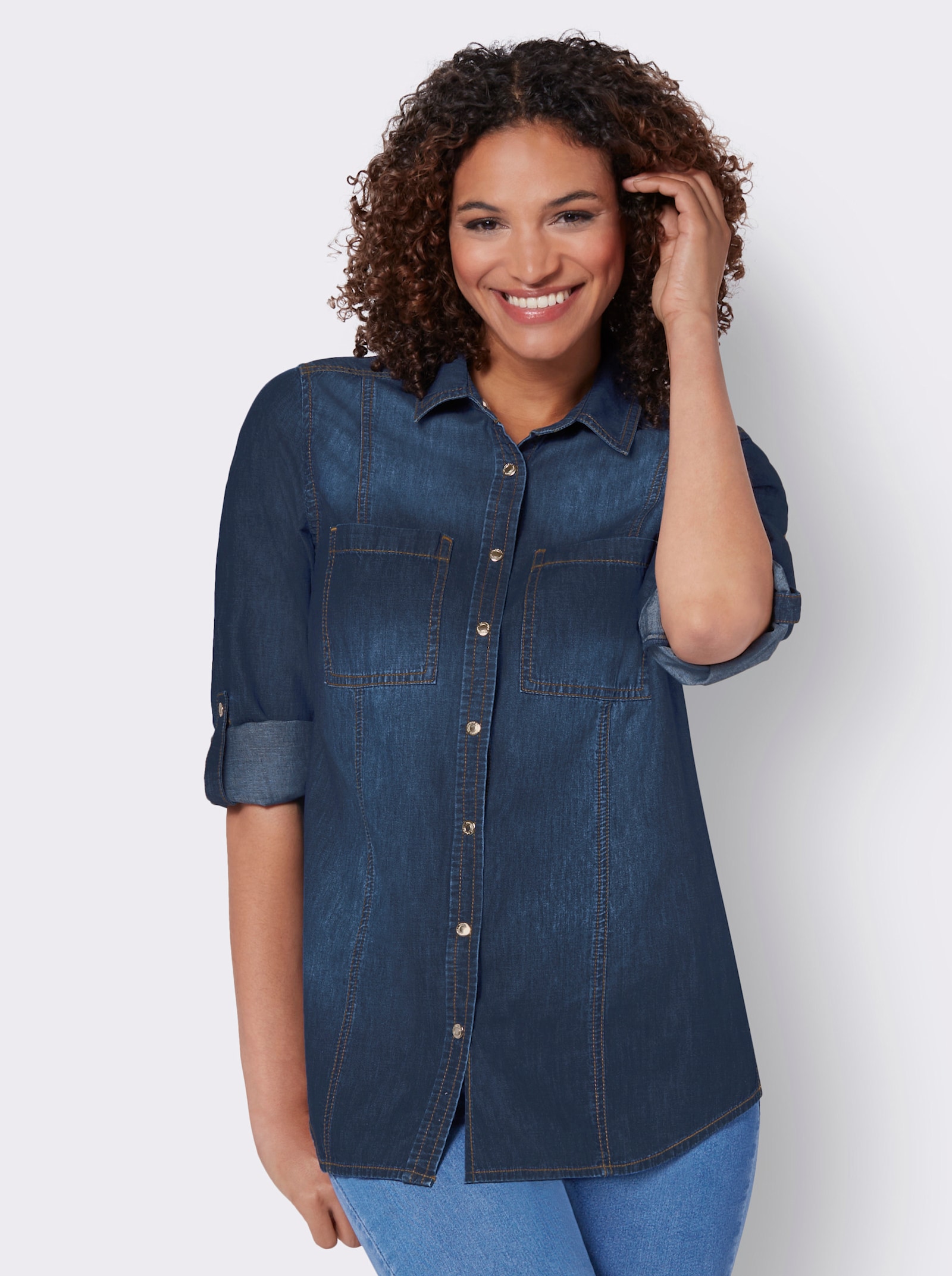 Jeansblouse met afgeronde zoom - blue-stonewashed