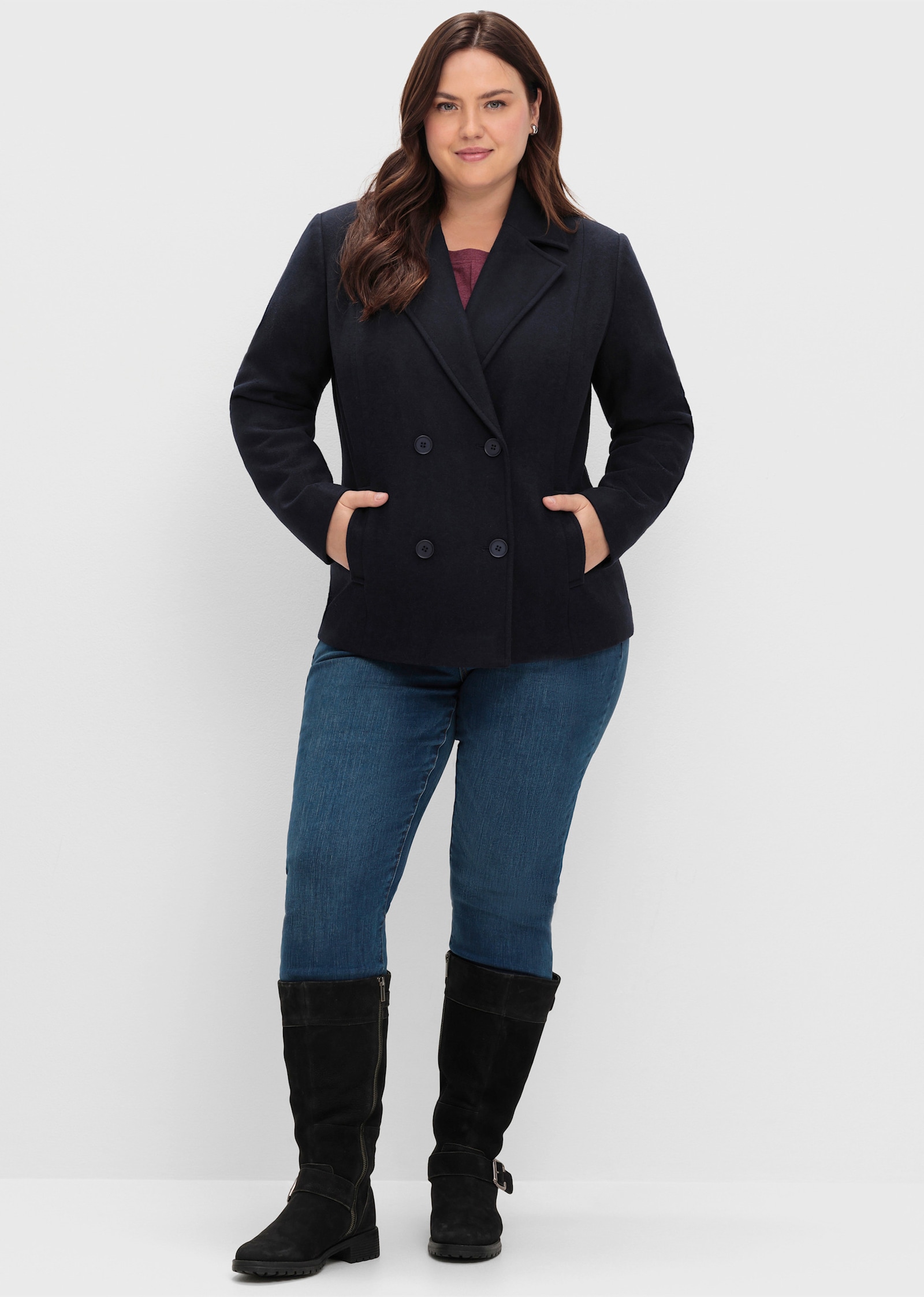 sheego Weitschaftstiefel aus Leder mit Zierband - schwarz