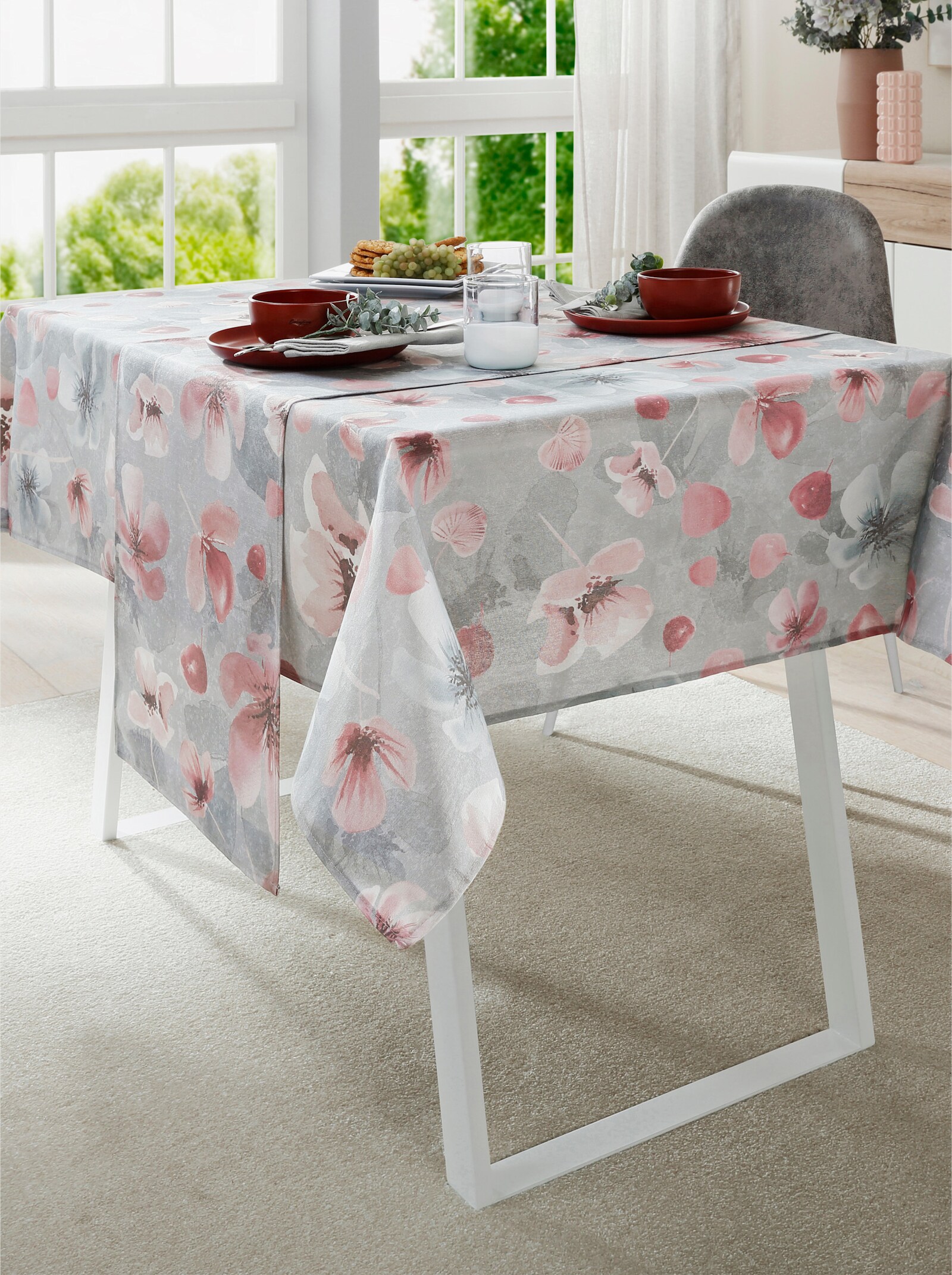 Tischdecke - hellgrau-rosé-bedruckt