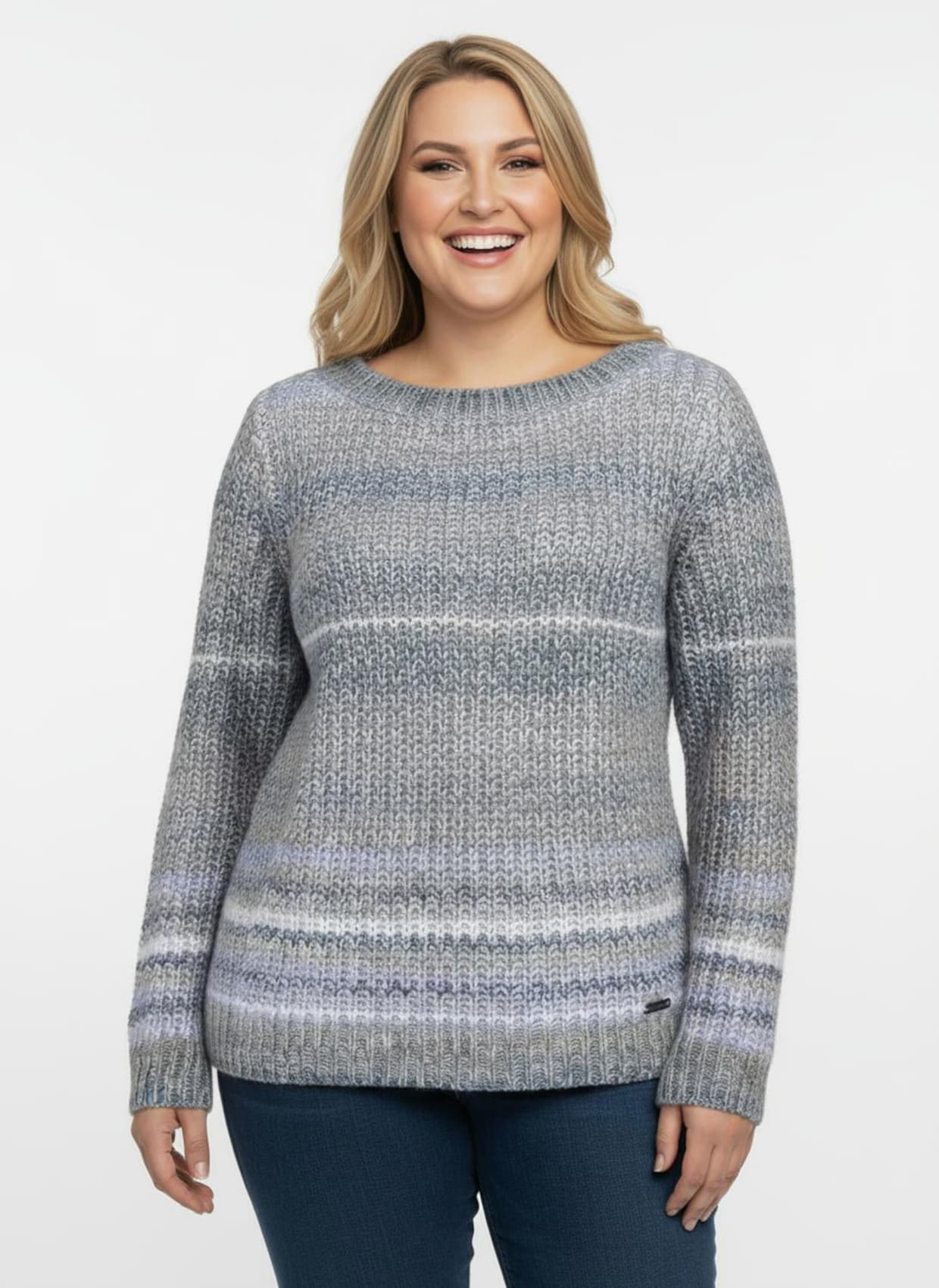 Langarm-Pullover im Grobstrick - taupe-jeansblau-gestreift