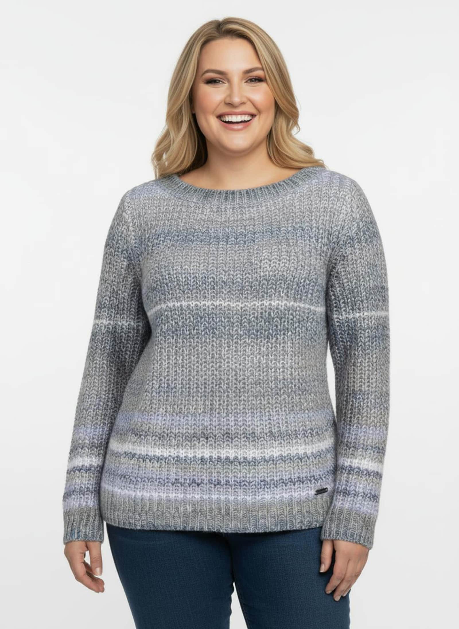 Langarm-Pullover im Grobstrick - taupe-jeansblau-gestreift