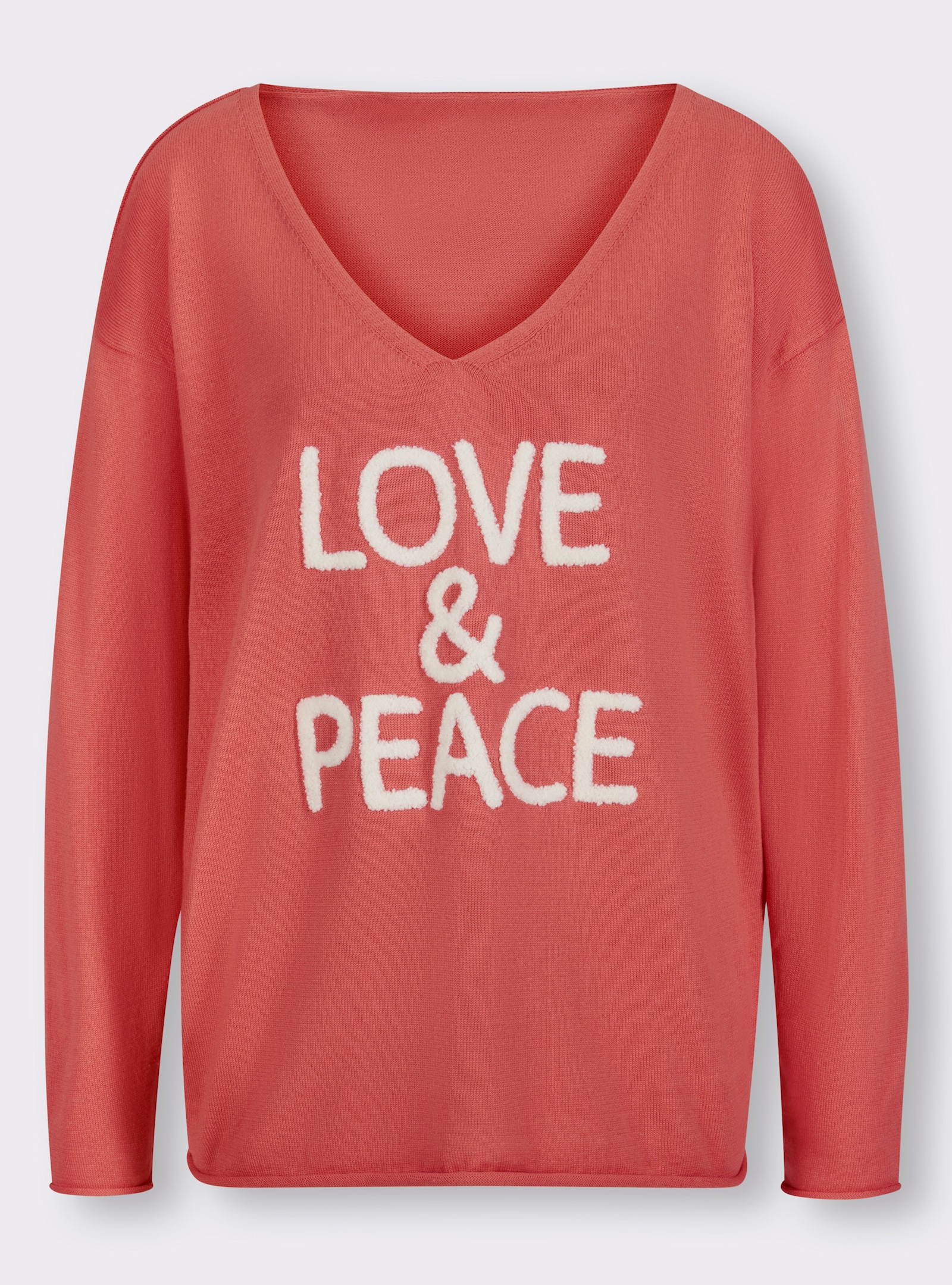 heine V-Ausschnitt-Pullover mit Flauschgarn-Schriftzug - koralle-bedruckt